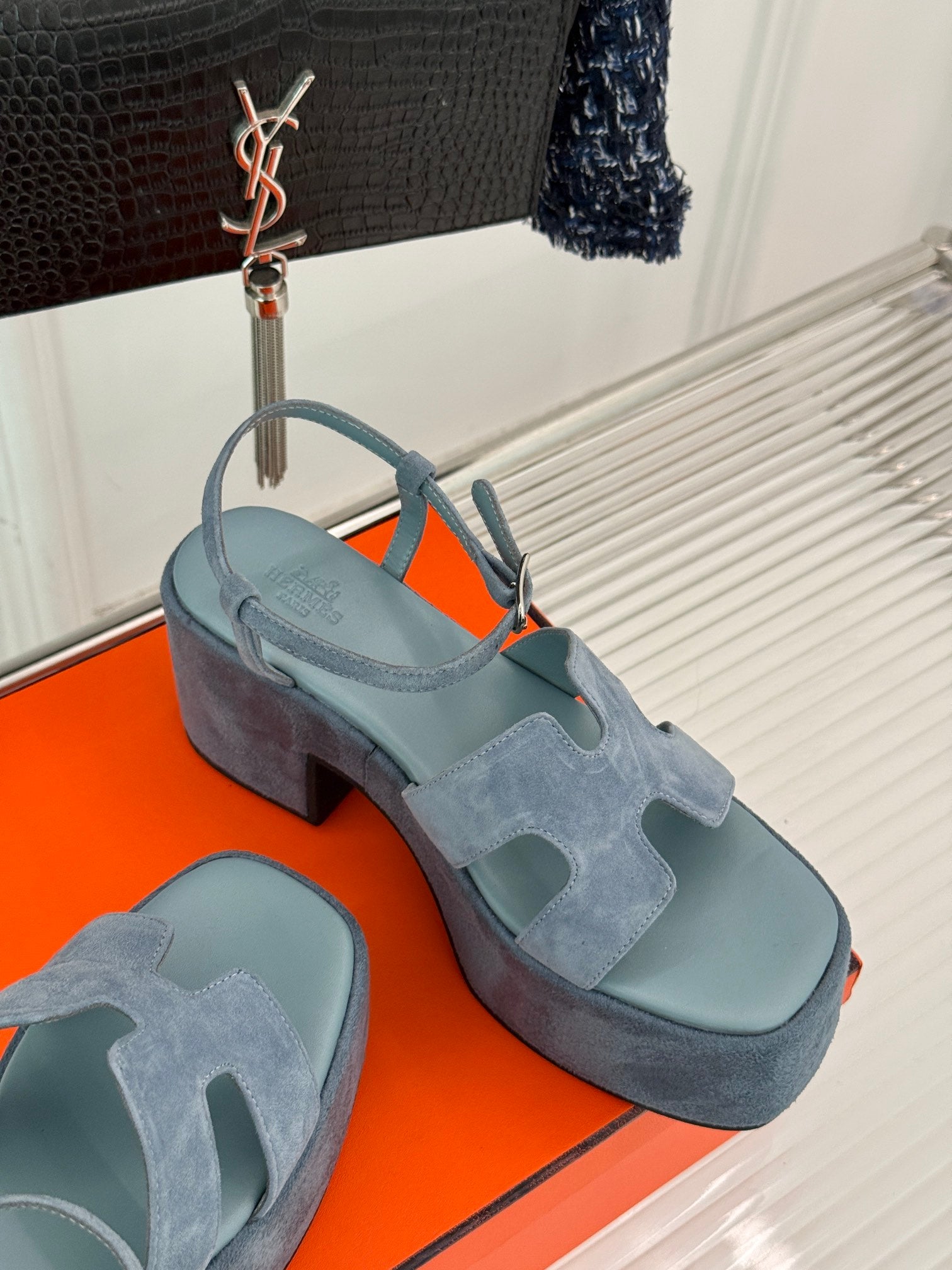 HERMES 25S JAM 30 HIGH-HEEL SANDAL IN STEEL BLUE GRAY SUEDE