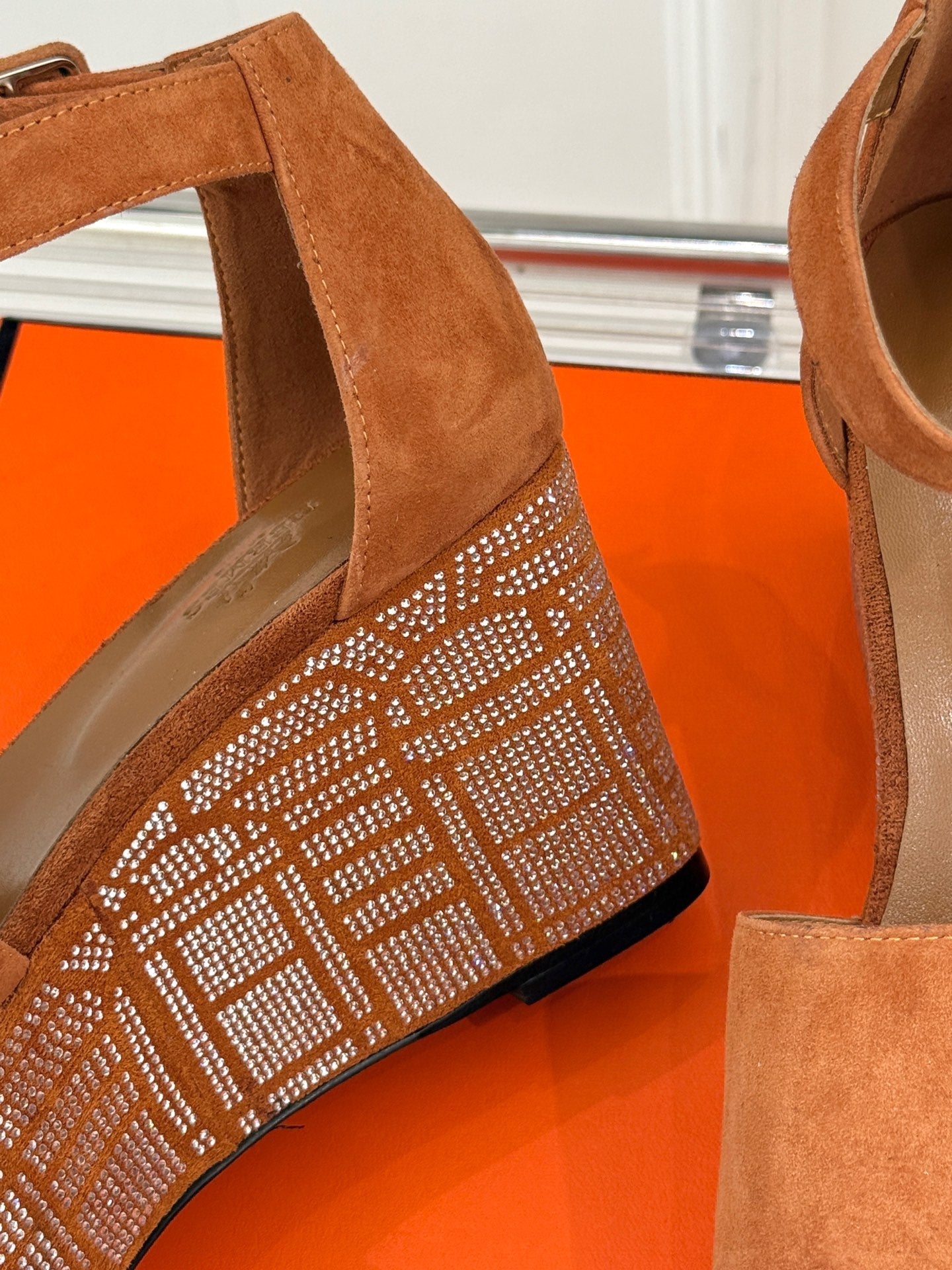 HERMES ILLUSION 35 SANDAL IN VIVID ORANGE SUEDE WITH RHINESTONE DETAILS