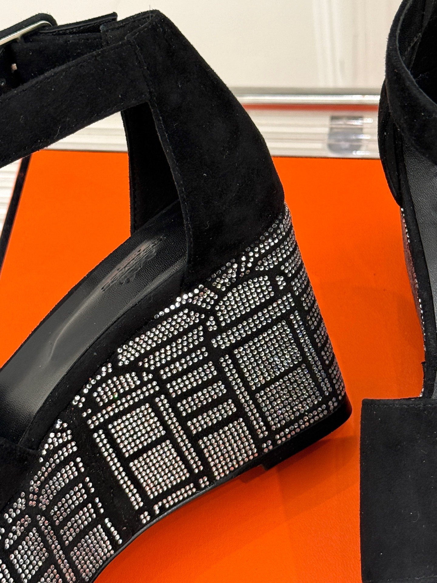 HERMES ILLUSION 35 SANDAL IN BLACK SUEDE WITH RHINESTONE DETAILS