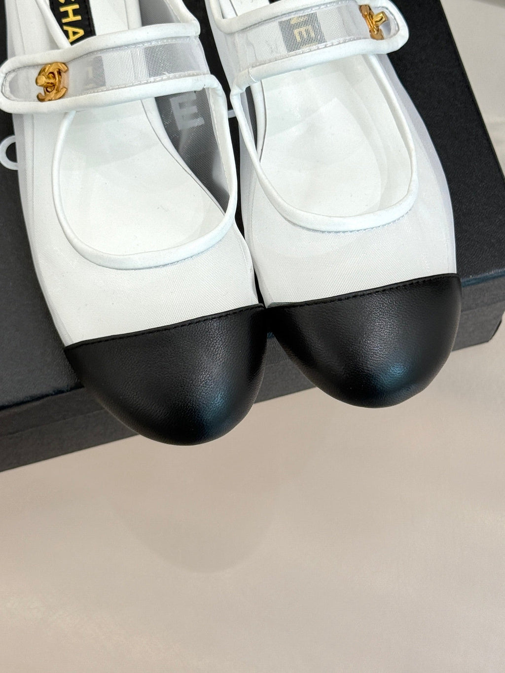 CHANEL FLAT SHOES IN WHITE MESH AND BLACK LAMBSKIN