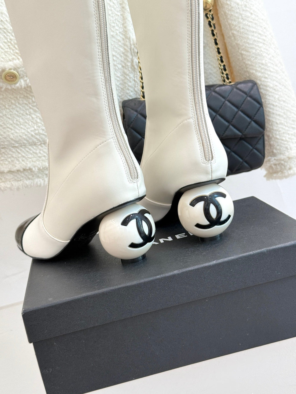 CHANEL PEARL BOOTS IN WHITE CALFSKIN