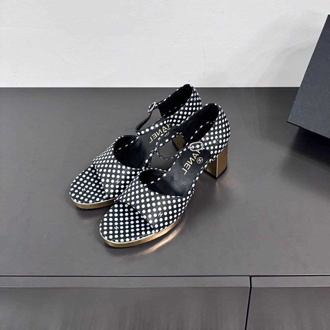 CHANEL BLOCK HEEL SANDALS BLACK POLKA DOT SHEEPSKIN