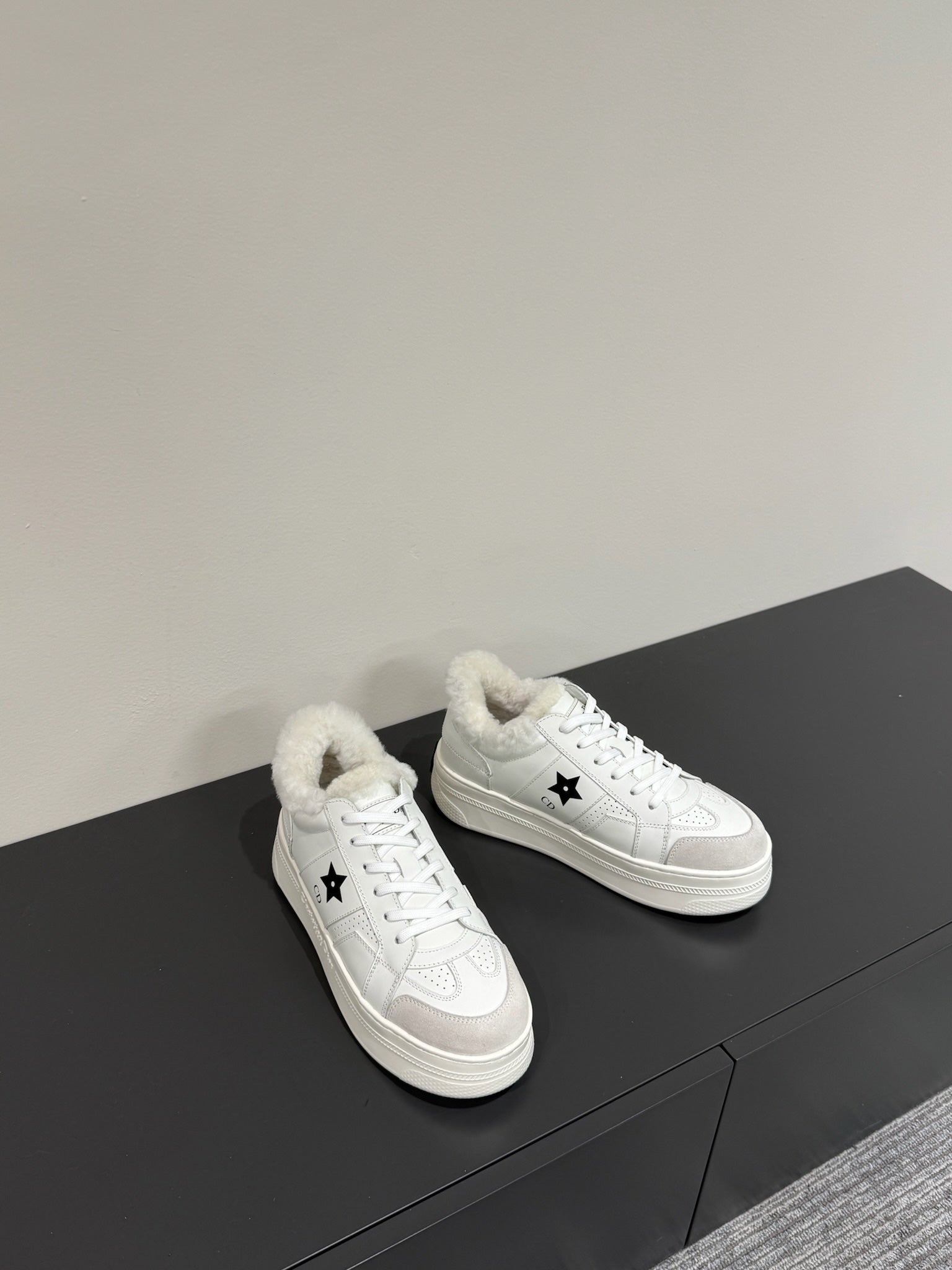 DIOR BLACK STAR SNEAKER WHITE CALFSKIN AND SUEDE CALFSKIN WITH SHEARLING LINING