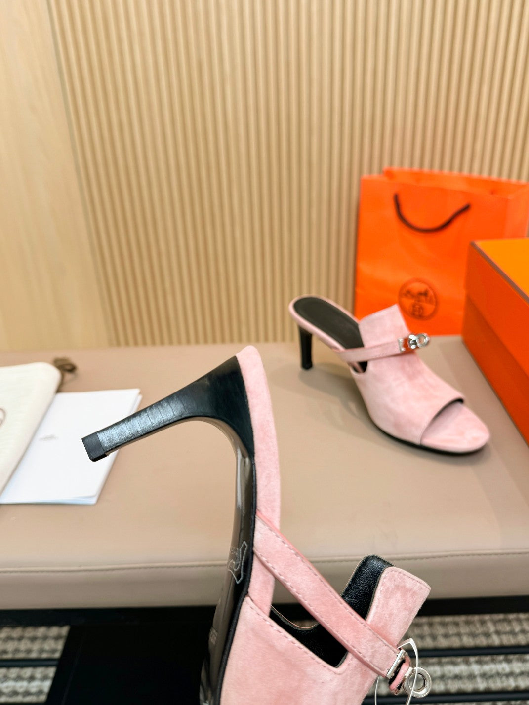 HERMES HEDEN MULE 80 LIGHT PINK SUEDE