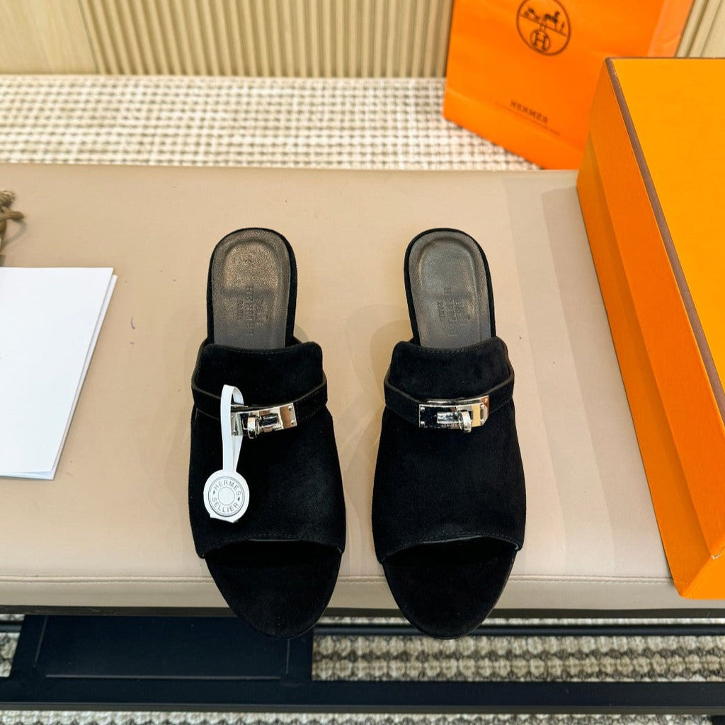 HERMES HEDEN MULE 80 BLACK SUEDE