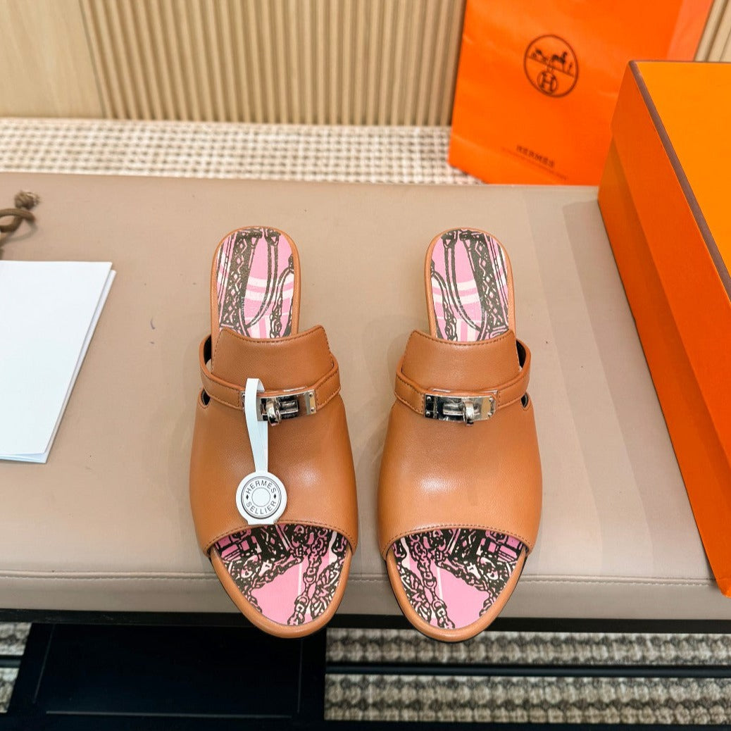 HERMES HEDEN MULE 80 TAWNY CALFSKIN WITH PATTERN