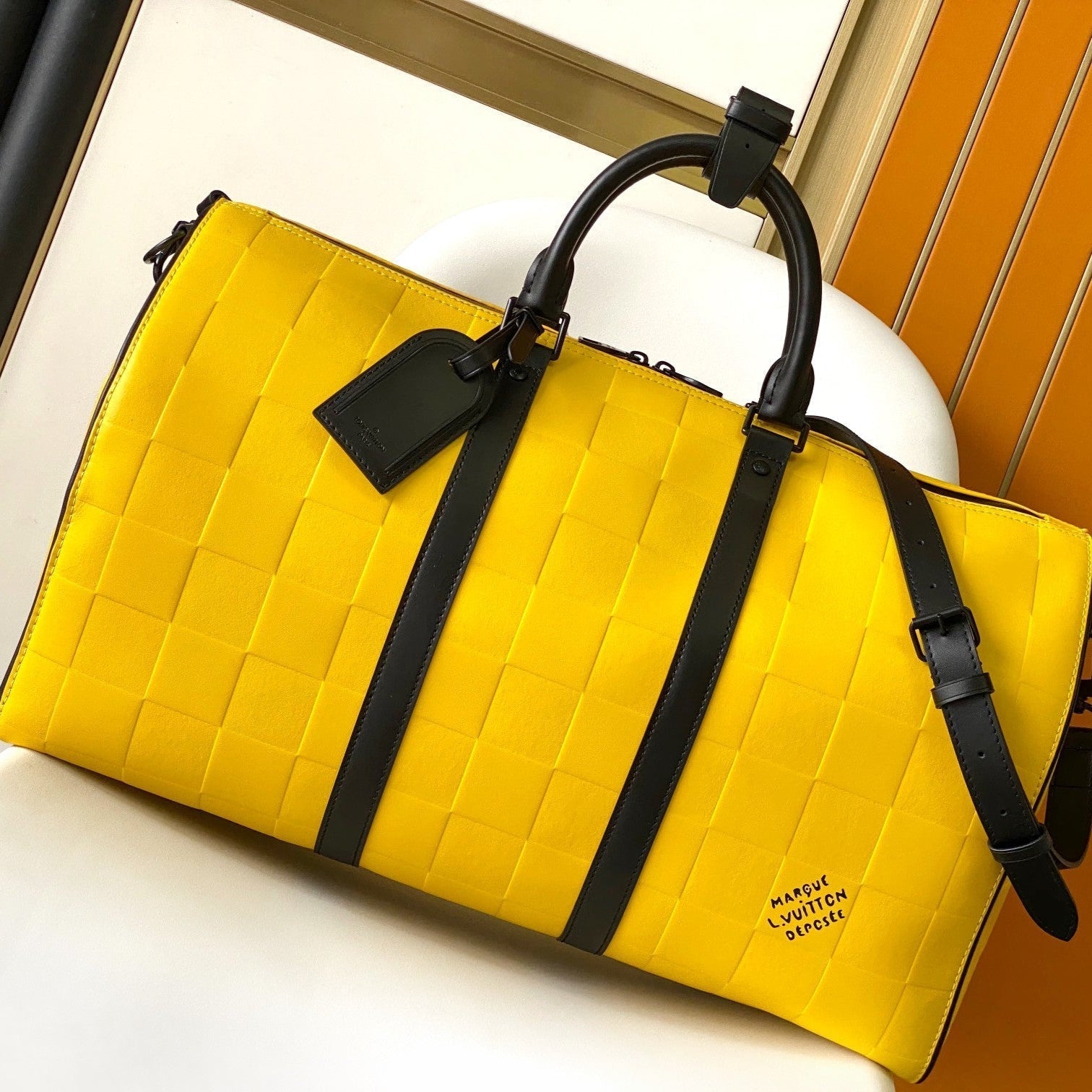 LOUIS VUITTON KEEPALL BANDOULIÈRE 50 IN YELLOW DAMIER SCUBA CALFSKIN