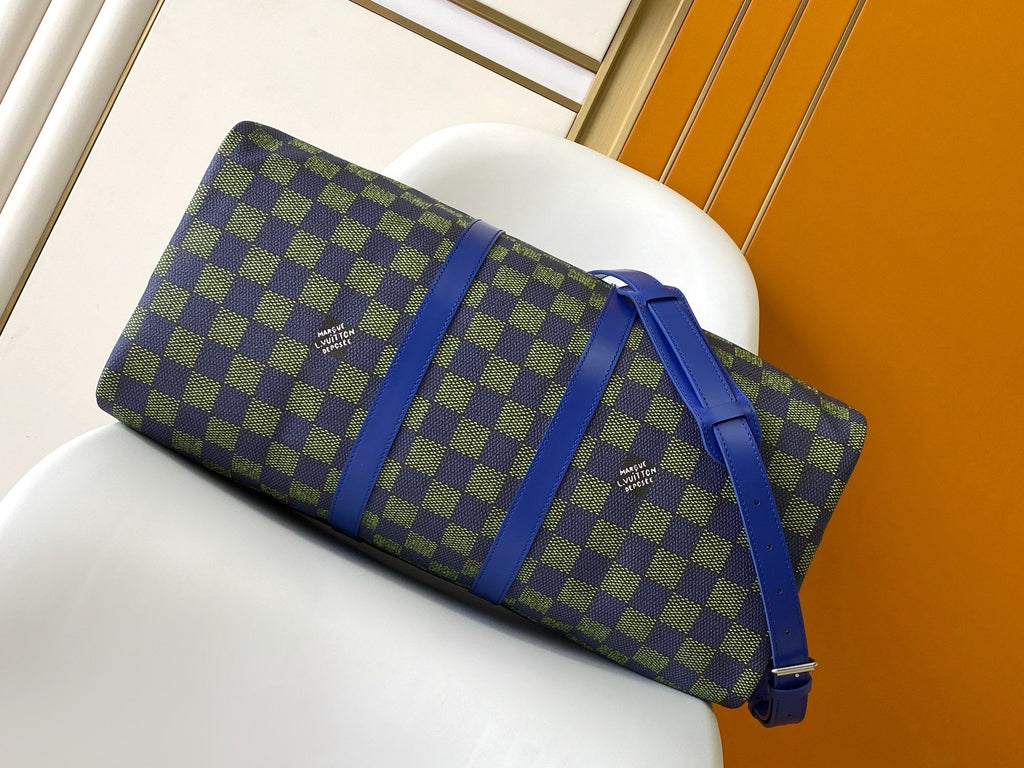 LOUIS VUITTON KEEPALL BANDOULIÈRE 50 IN BLUE GREEN DAMIER HERITAGE COATED CANVAS