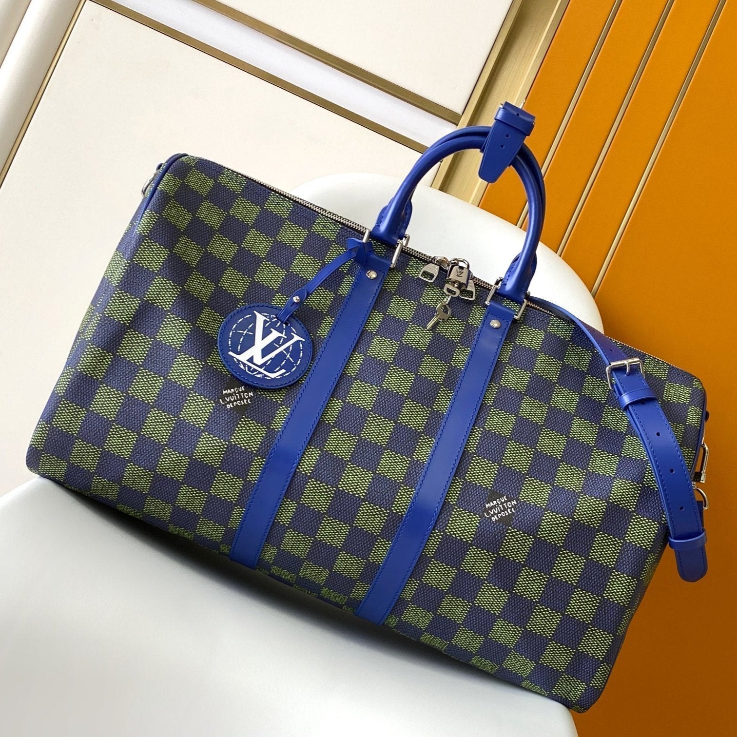LOUIS VUITTON KEEPALL BANDOULIÈRE 50 IN BLUE GREEN DAMIER HERITAGE COATED CANVAS