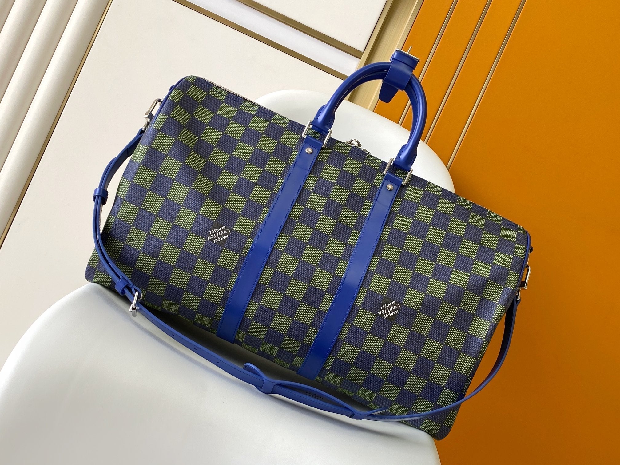 LOUIS VUITTON KEEPALL BANDOULIÈRE 50 IN BLUE GREEN DAMIER HERITAGE COATED CANVAS