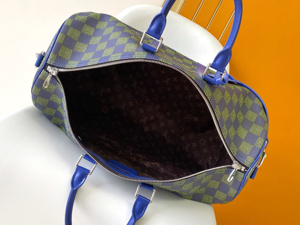 LOUIS VUITTON KEEPALL BANDOULIÈRE 50 IN BLUE GREEN DAMIER HERITAGE COATED CANVAS