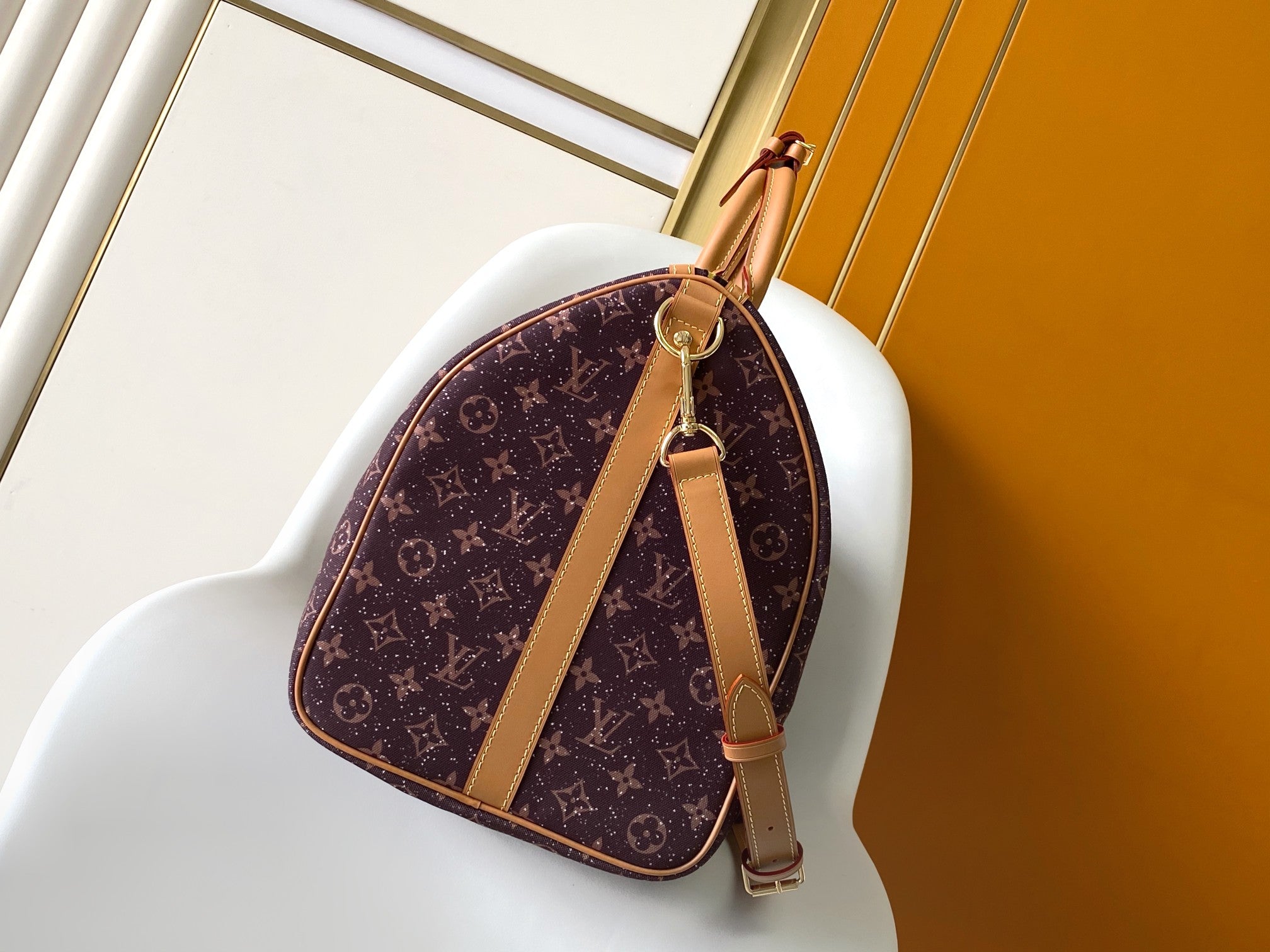 LOUIS VUITTON LV 25S KEEPALL 50 MONOGRAM CRYSTALS IN DARK PURPLE CANVAS AND CALFSKIN TRIM