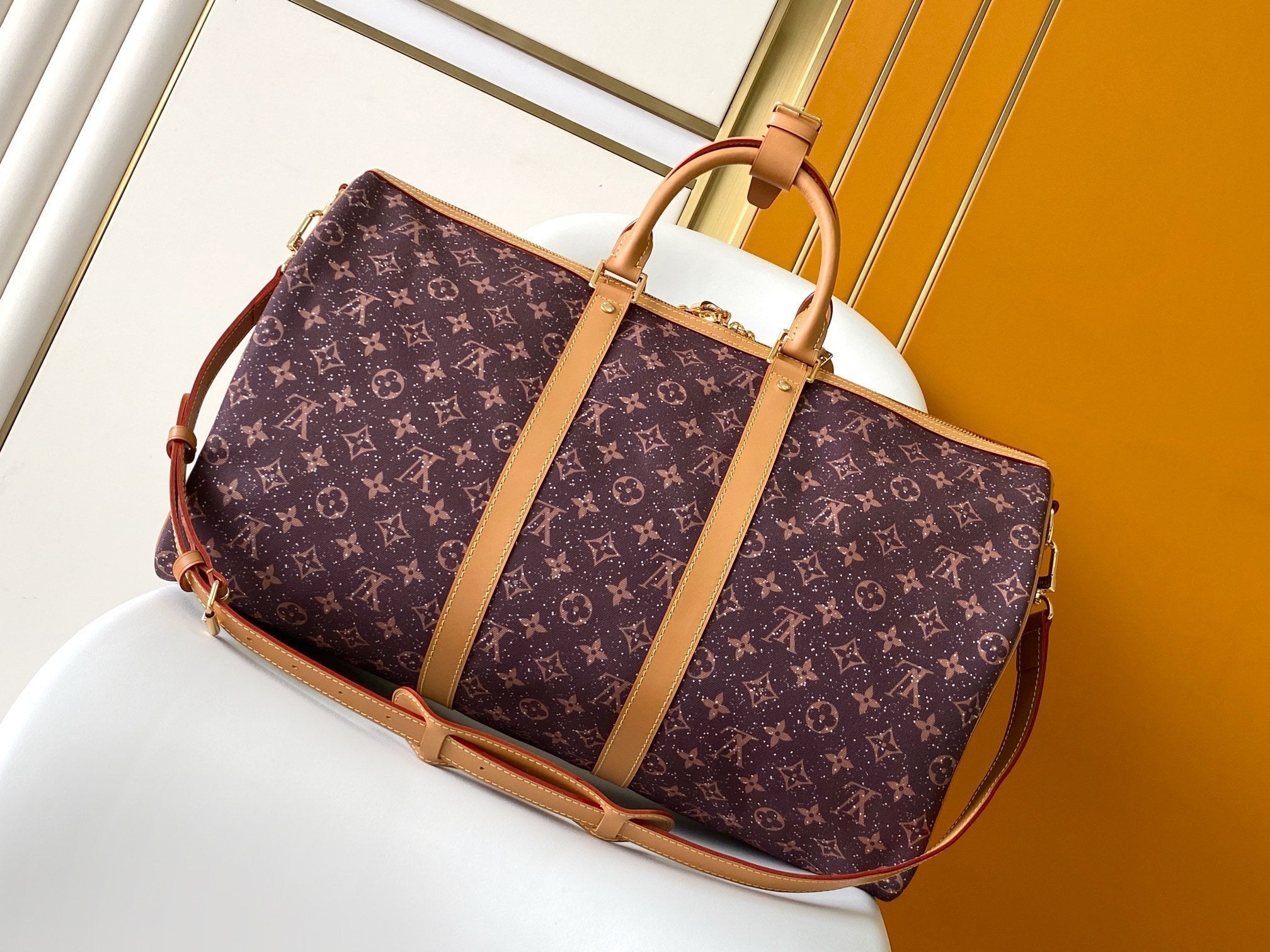 LOUIS VUITTON LV 25S KEEPALL 50 MONOGRAM CRYSTALS IN DARK PURPLE CANVAS AND CALFSKIN TRIM