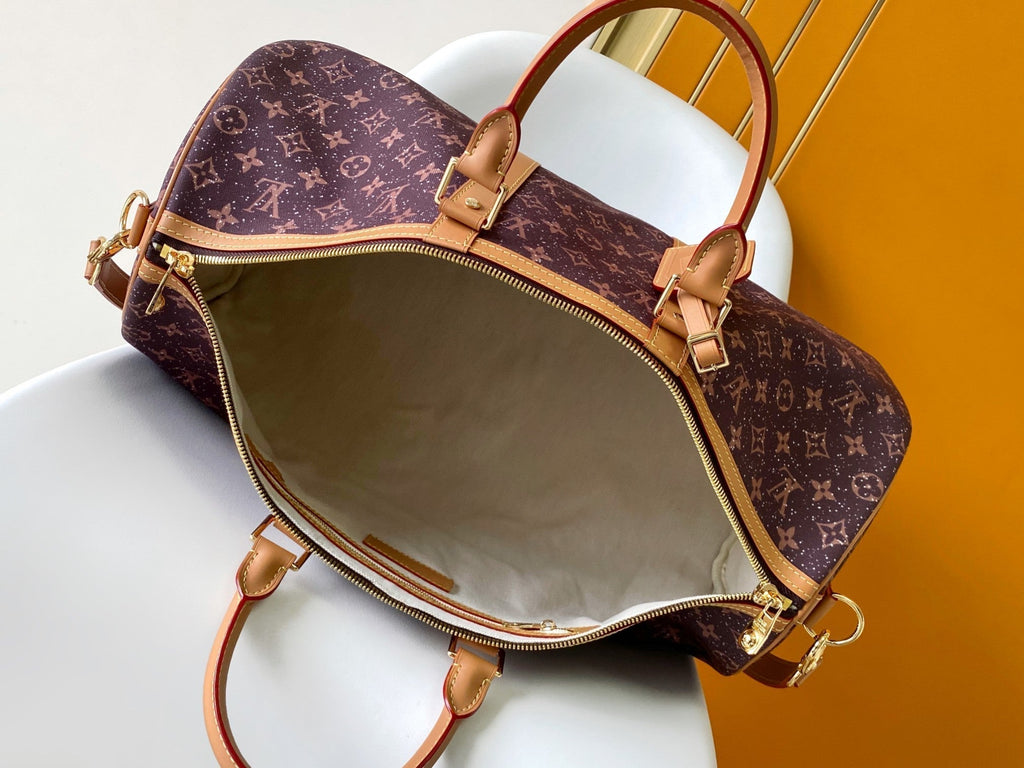 LOUIS VUITTON LV 25S KEEPALL 50 MONOGRAM CRYSTALS IN DARK PURPLE CANVAS AND CALFSKIN TRIM