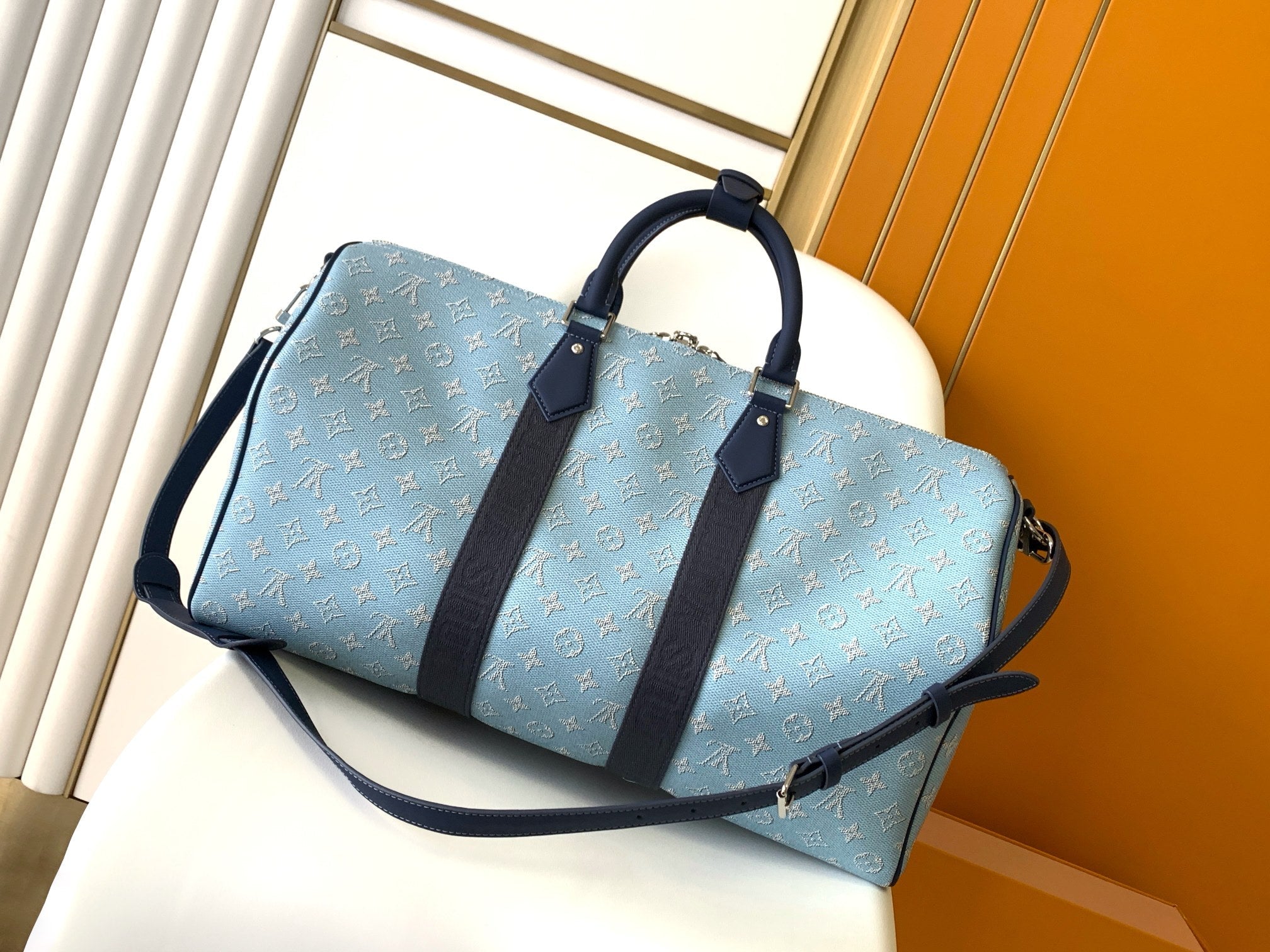 LOUIS VUITTON LV 25S KEEPALL BANDOULIÈRE BAG 50 IN BLUE MONOGRAM HERITAGE CALFSKIN