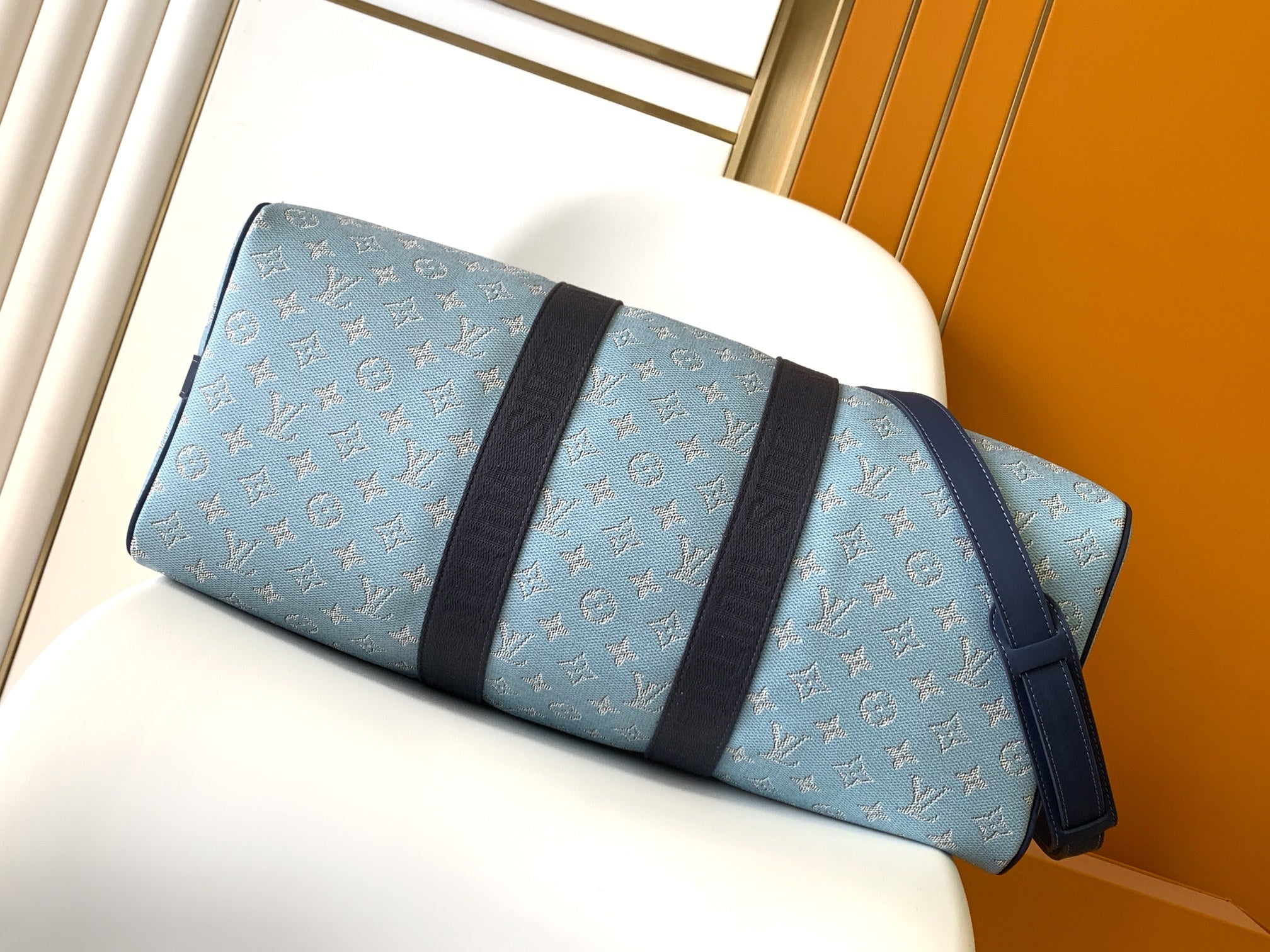 LOUIS VUITTON LV 25S KEEPALL BANDOULIÈRE BAG 50 IN BLUE MONOGRAM HERITAGE CALFSKIN