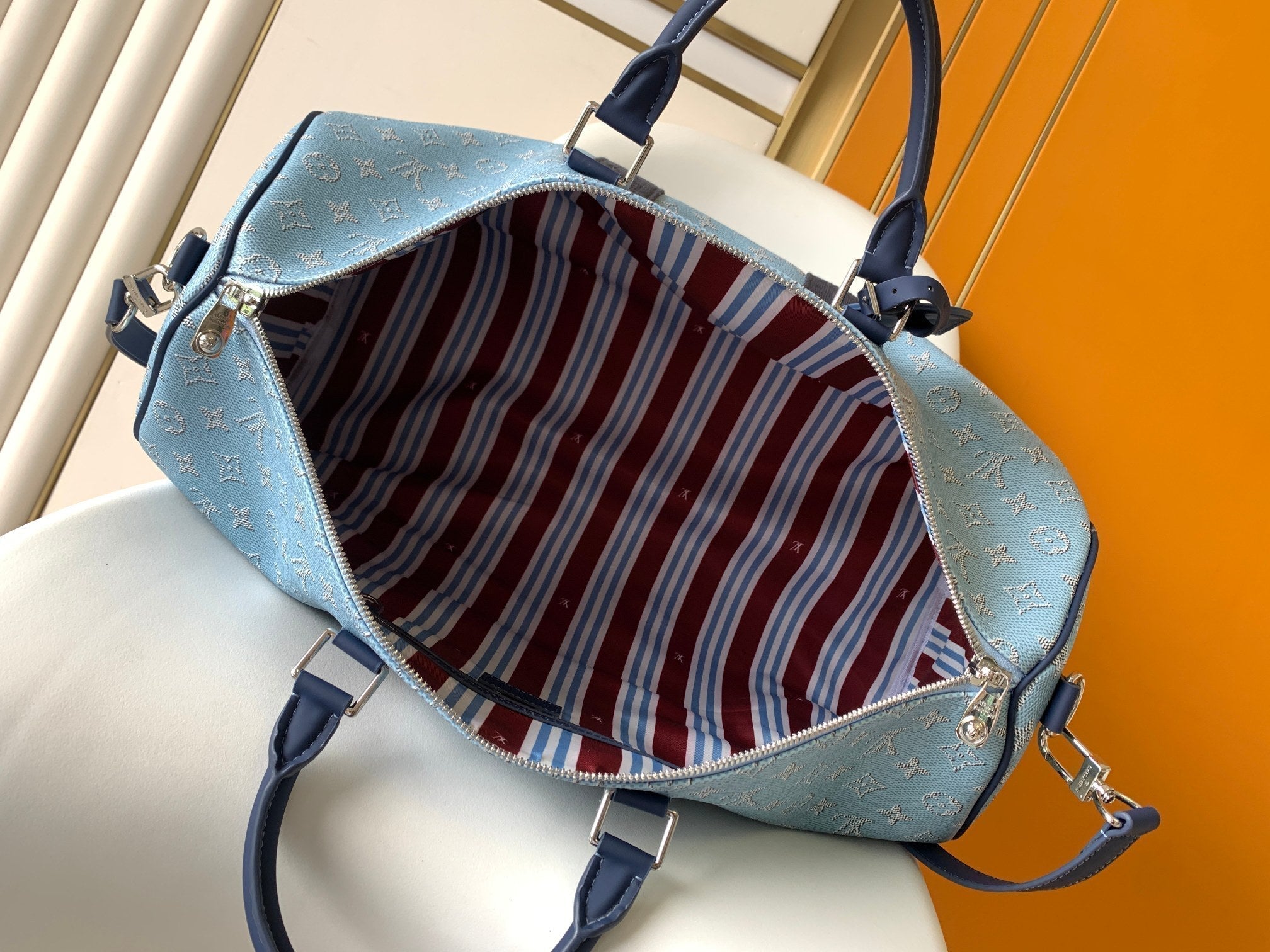 LOUIS VUITTON LV 25S KEEPALL BANDOULIÈRE BAG 50 IN BLUE MONOGRAM HERITAGE CALFSKIN