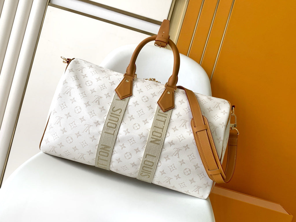 LOUIS VUITTON LV 25S KEEPALL BANDOULIÈRE BAG 45 IN WHITE MONOGRAM HERITAGE CALFSKIN