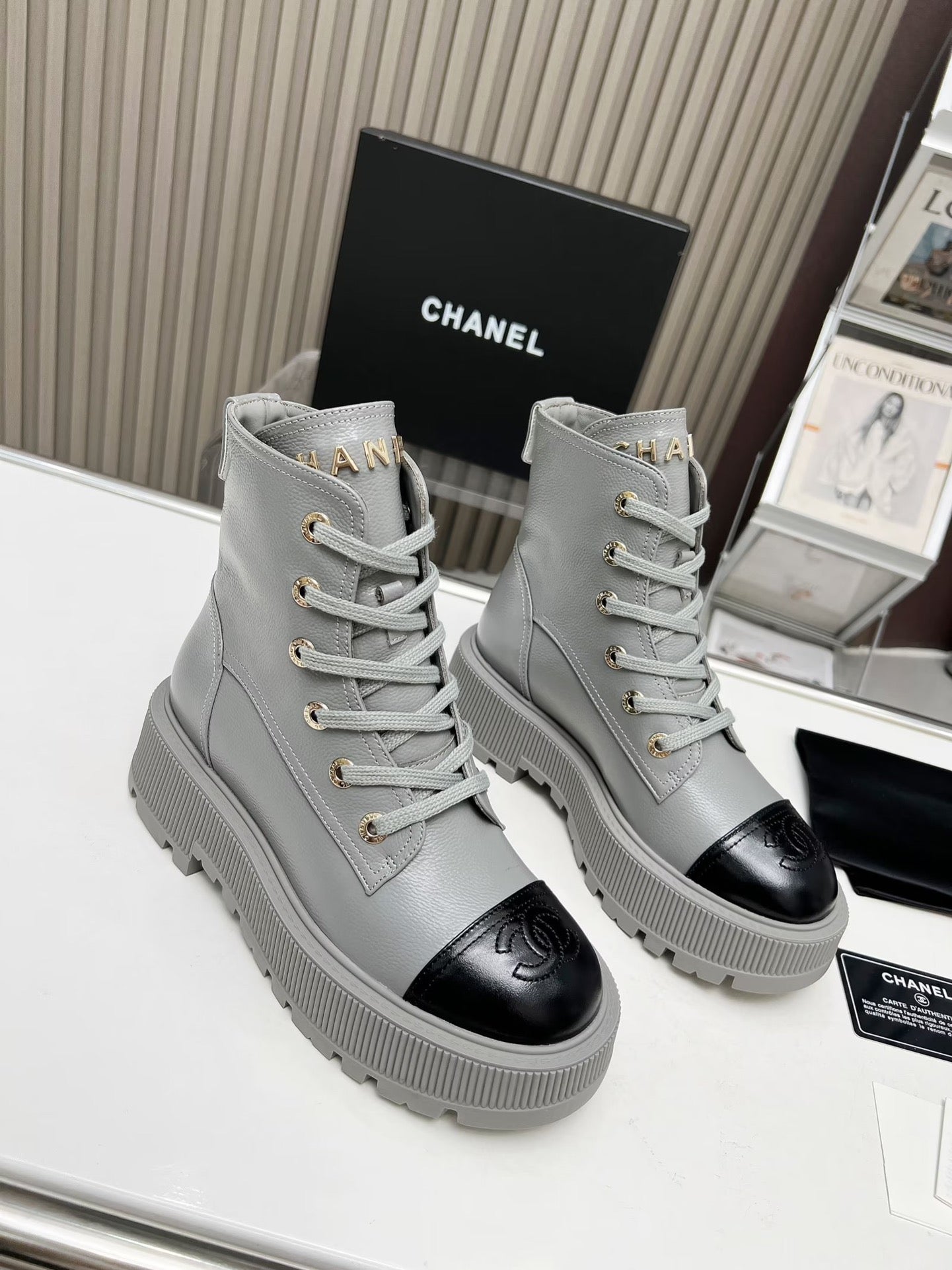 CHANEL SHORT BOOTS IN SLATE GREY MIX BLACK COWHIDE