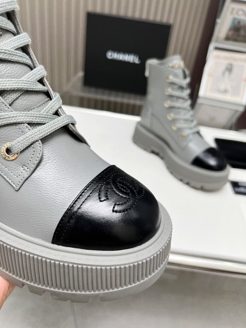 CHANEL SHORT BOOTS IN SLATE GREY MIX BLACK COWHIDE