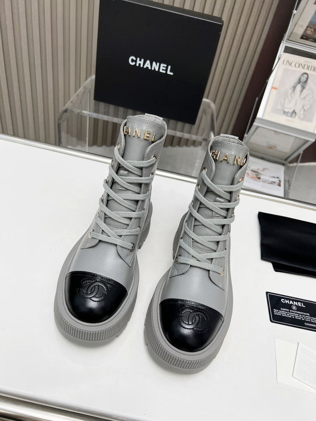 CHANEL SHORT BOOTS IN SLATE GREY MIX BLACK COWHIDE