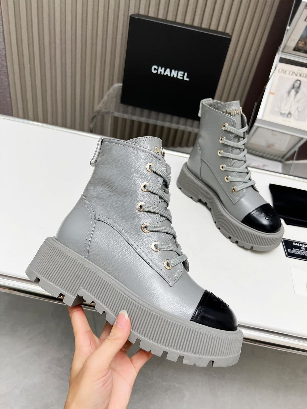 CHANEL SHORT BOOTS IN SLATE GREY MIX BLACK COWHIDE