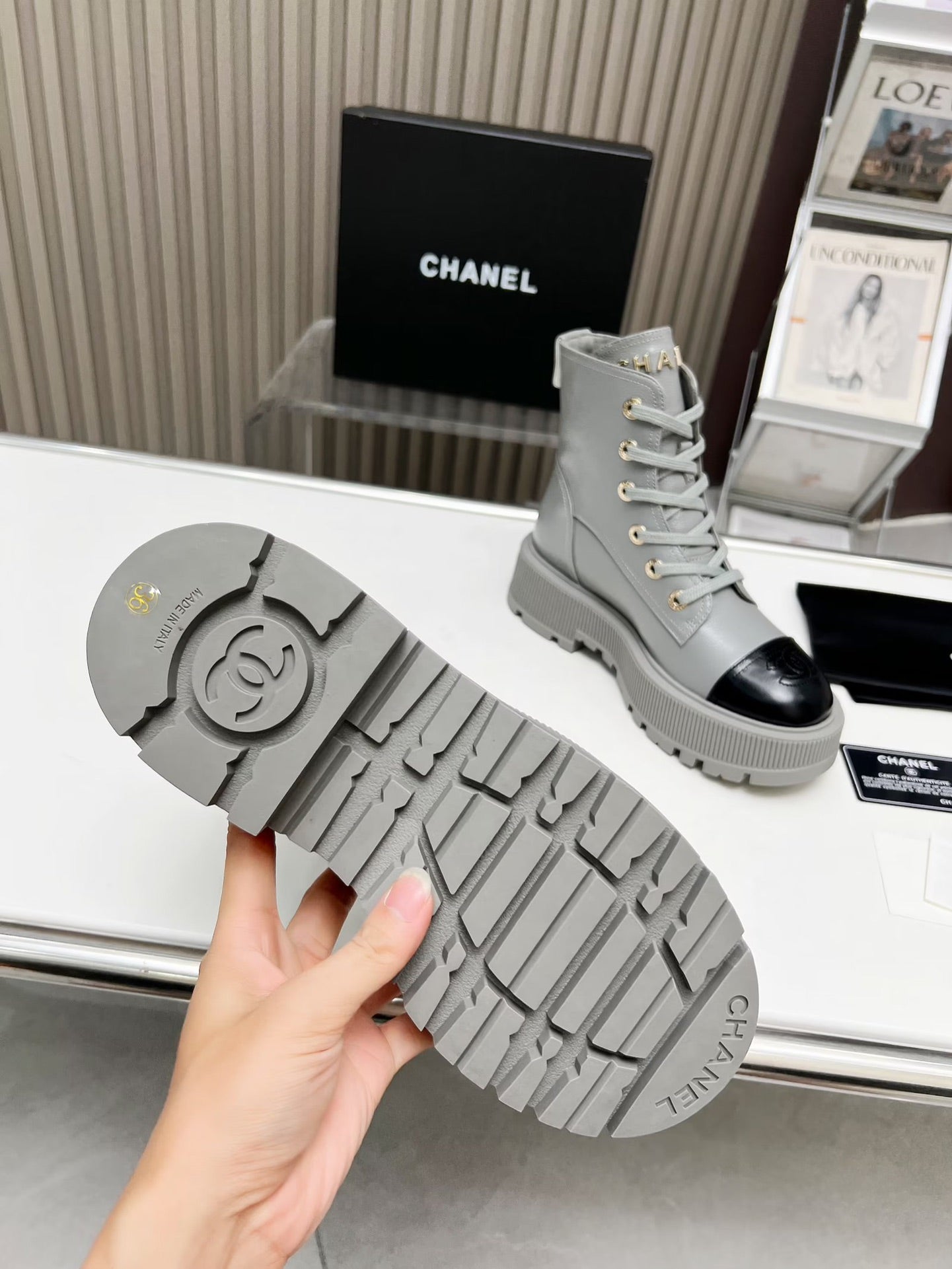 CHANEL SHORT BOOTS IN SLATE GREY MIX BLACK COWHIDE