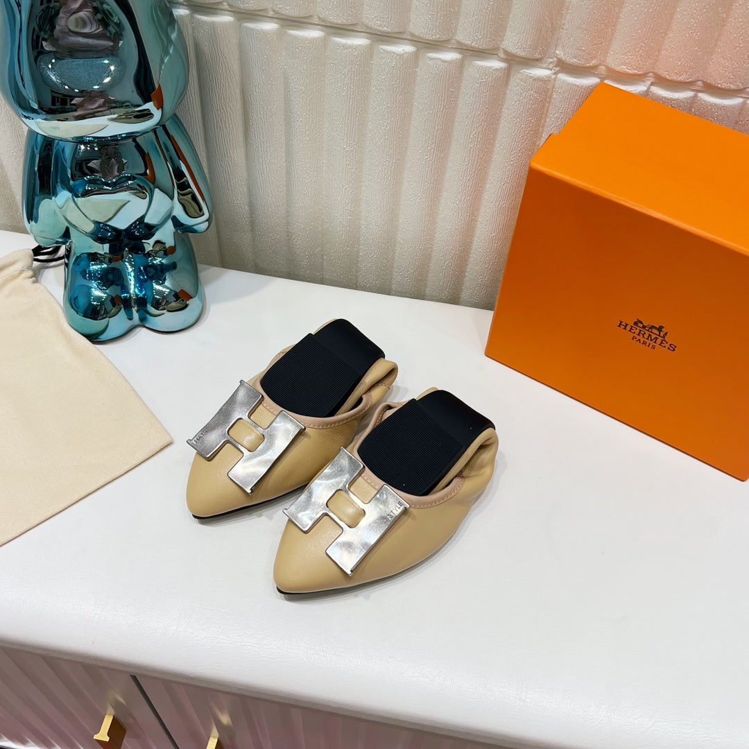 HERMES H-BUCKLE BALLLET FLAT BEIGE CALFSKIN