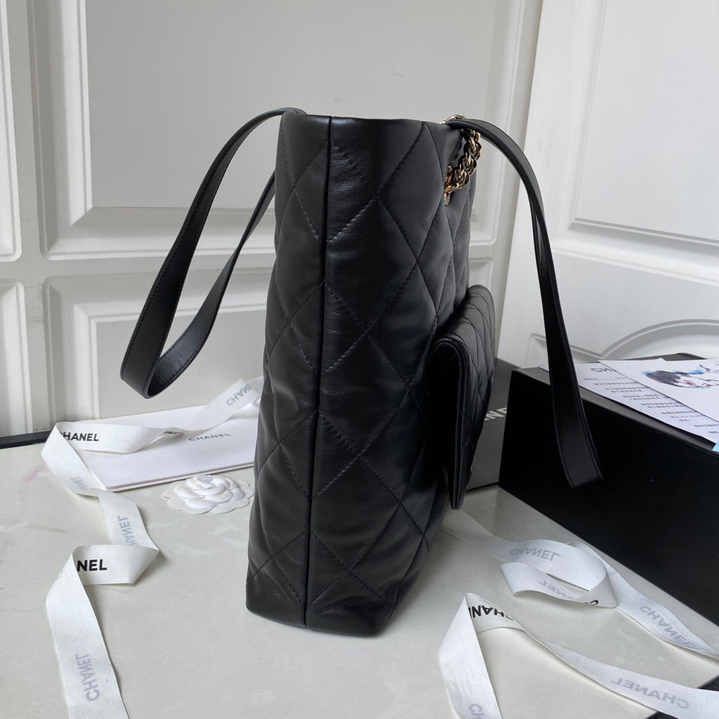 CHANEL 23P Hobo Shopping Black Calfskin Gold Hardware