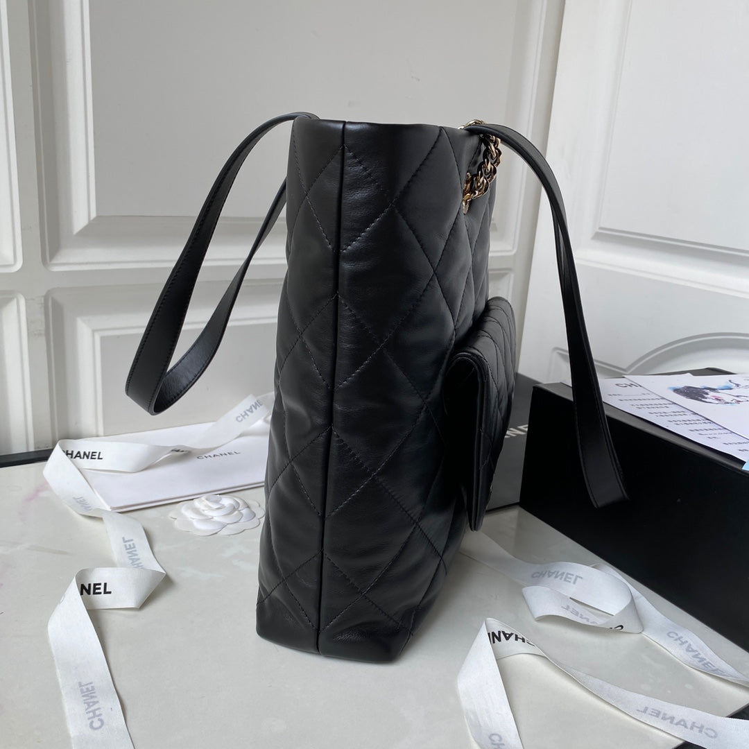 CHANEL 23P Hobo Shopping Black Calfskin Gold Hardware