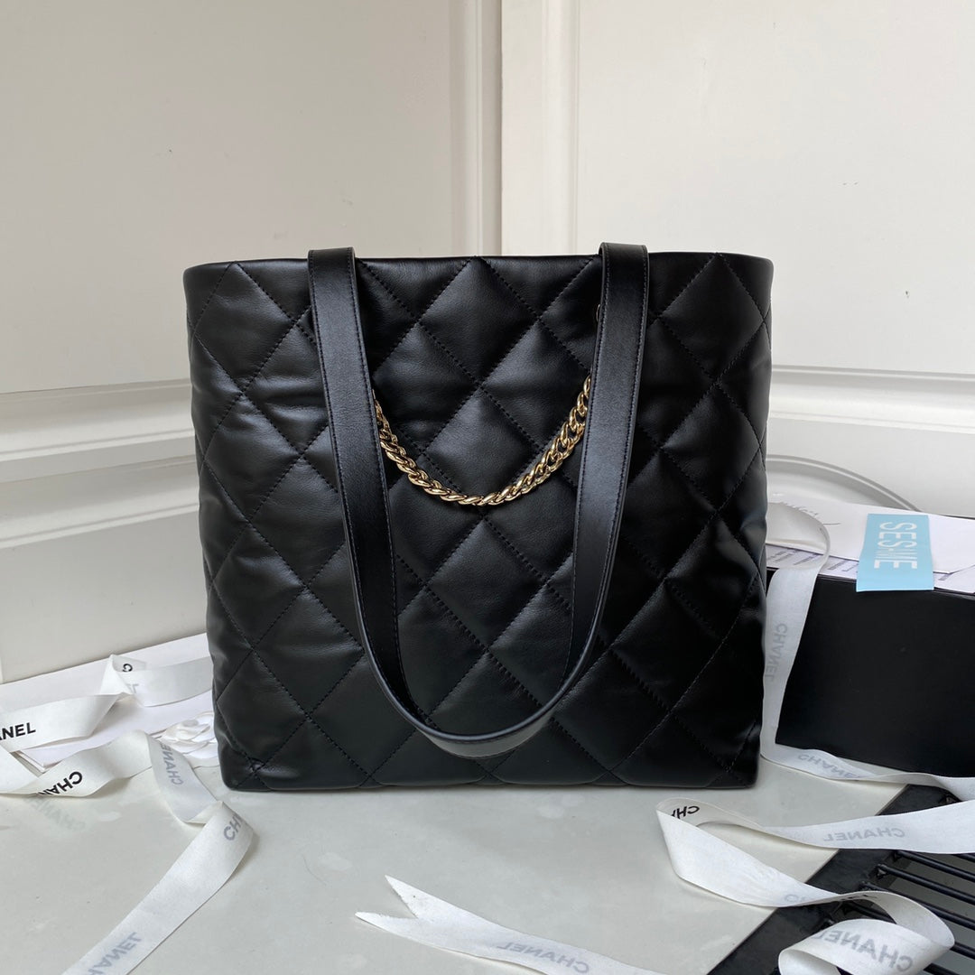 CHANEL 23P Hobo Shopping Black Calfskin Gold Hardware