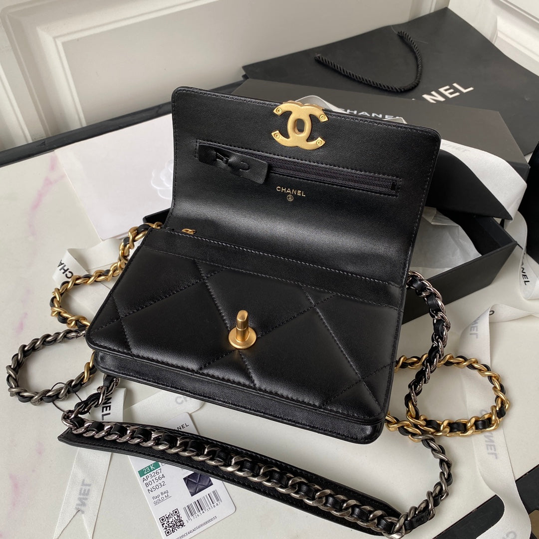 CHANEL 19 WOC 19CM BLACK LAMBSKIN GOLD HARDWARE