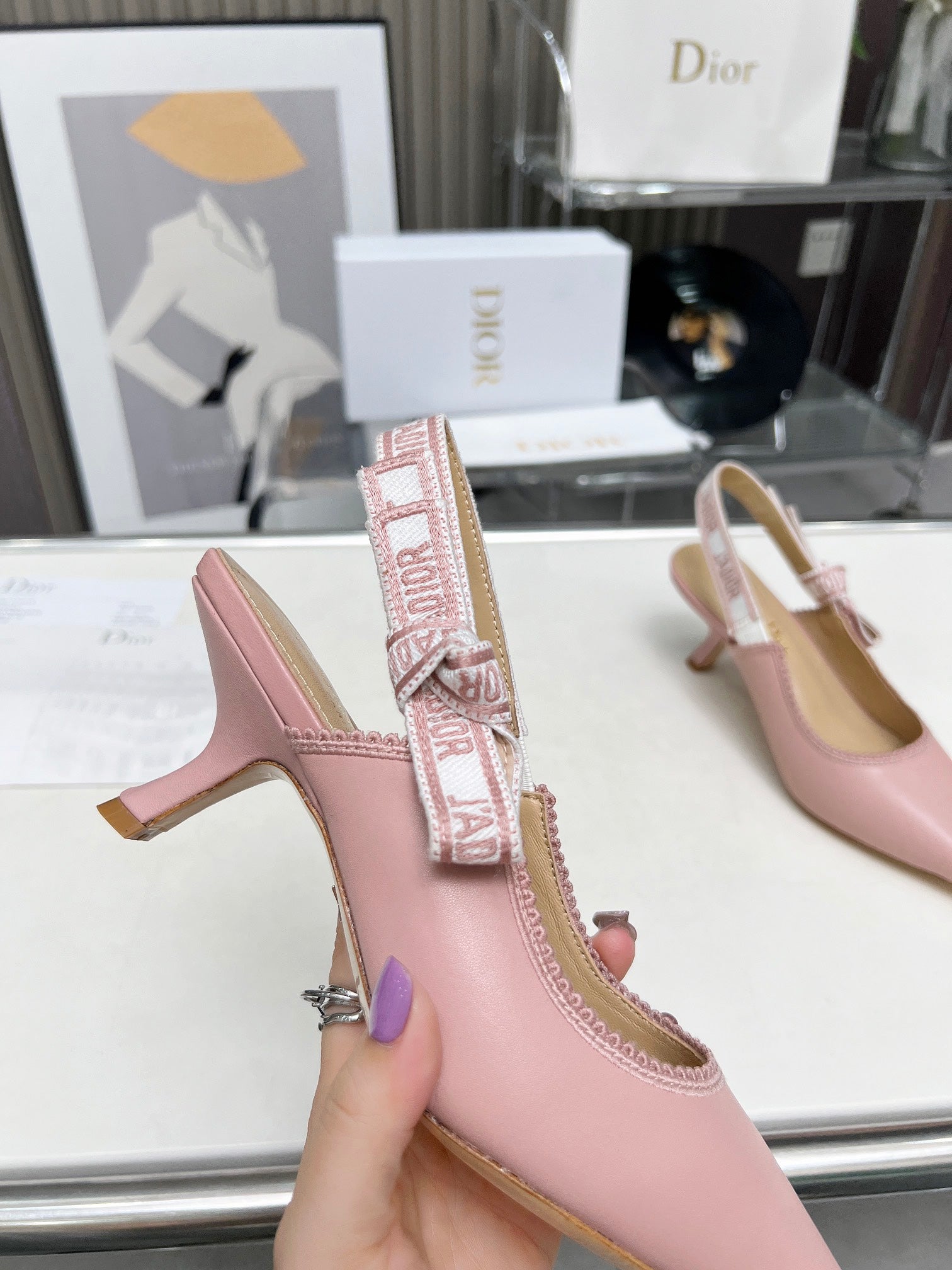 DIOR J'A SLINGBACK PUMP LIGHT PINK CALFSKIN AND EMBROIDERED FABRIC 65 MM