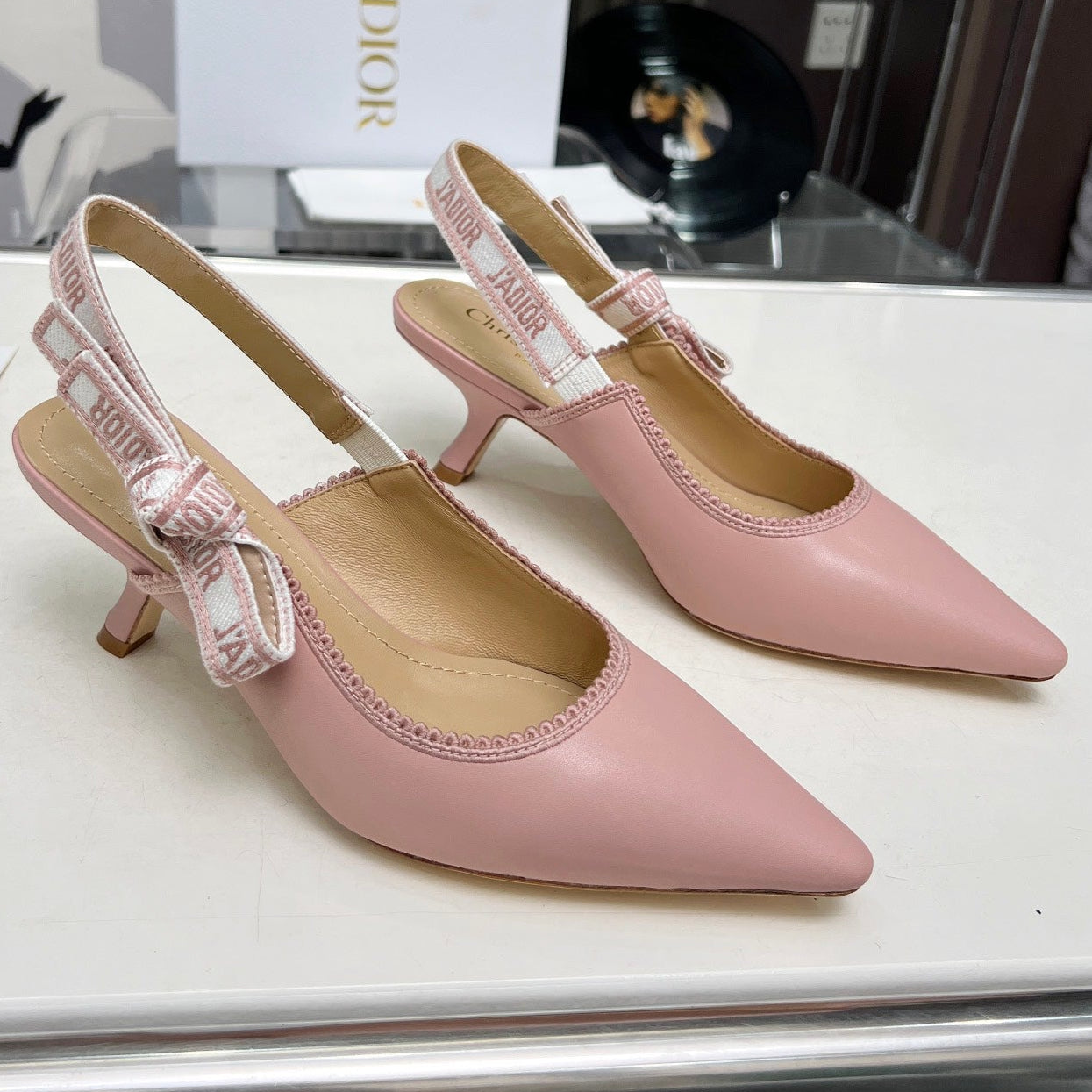 DIOR J'A SLINGBACK PUMP LIGHT PINK CALFSKIN AND EMBROIDERED FABRIC 65 MM