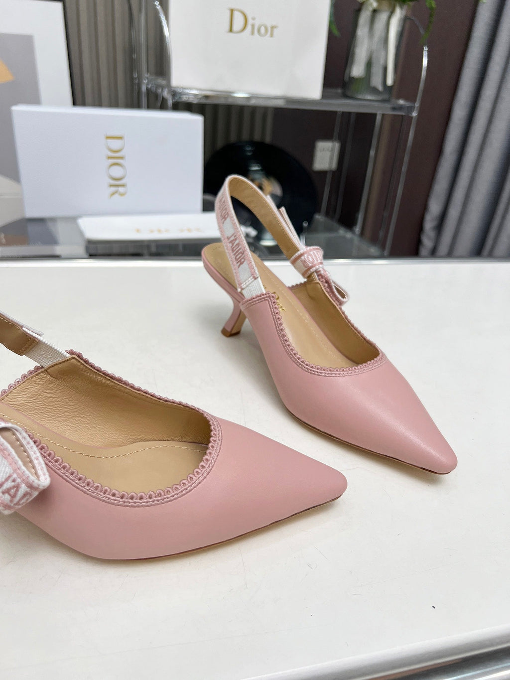 DIOR J'A SLINGBACK PUMP LIGHT PINK CALFSKIN AND EMBROIDERED FABRIC 65 MM