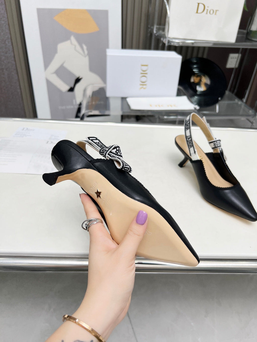 DIOR J'A SLINGBACK PUMP BLACK CALFSKIN AND EMBROIDERED FABRIC 65 MM