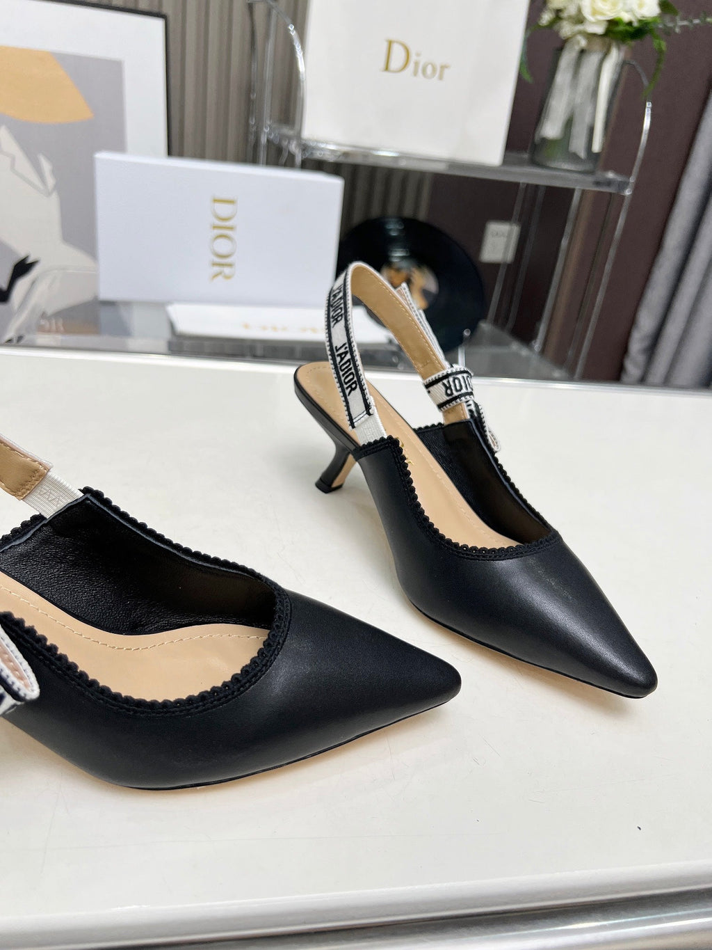 DIOR J'A SLINGBACK PUMP BLACK CALFSKIN AND EMBROIDERED FABRIC 65 MM