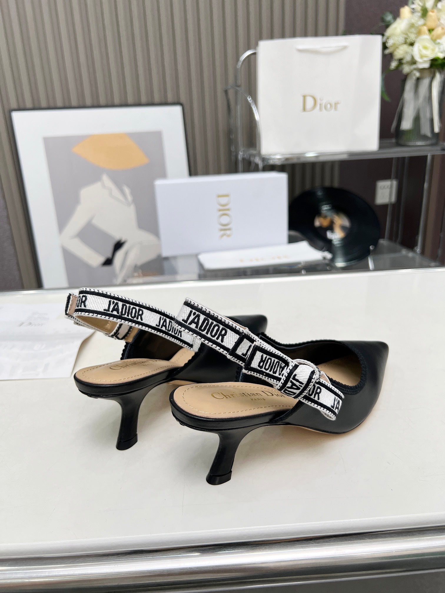 DIOR J'A SLINGBACK PUMP BLACK CALFSKIN AND EMBROIDERED FABRIC 65 MM