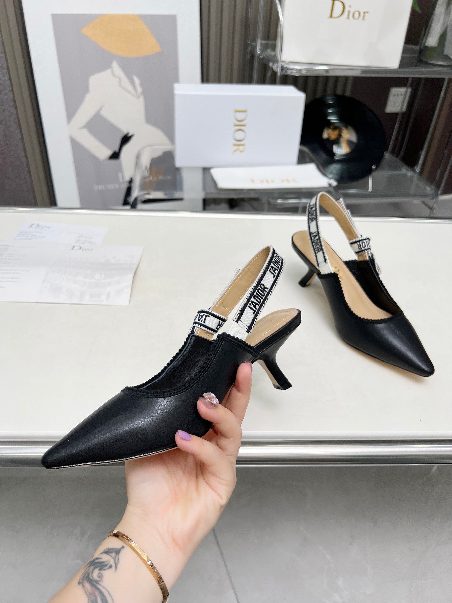 DIOR J'A SLINGBACK PUMP BLACK CALFSKIN AND EMBROIDERED FABRIC 65 MM