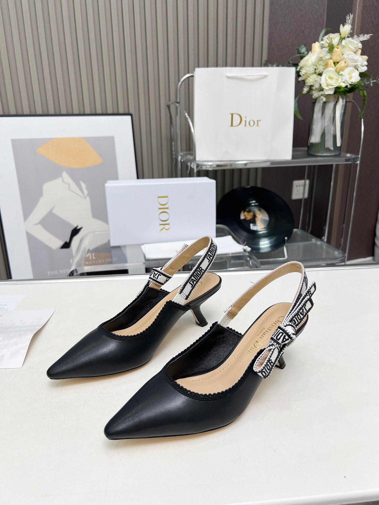 DIOR J'A SLINGBACK PUMP BLACK CALFSKIN AND EMBROIDERED FABRIC 65 MM
