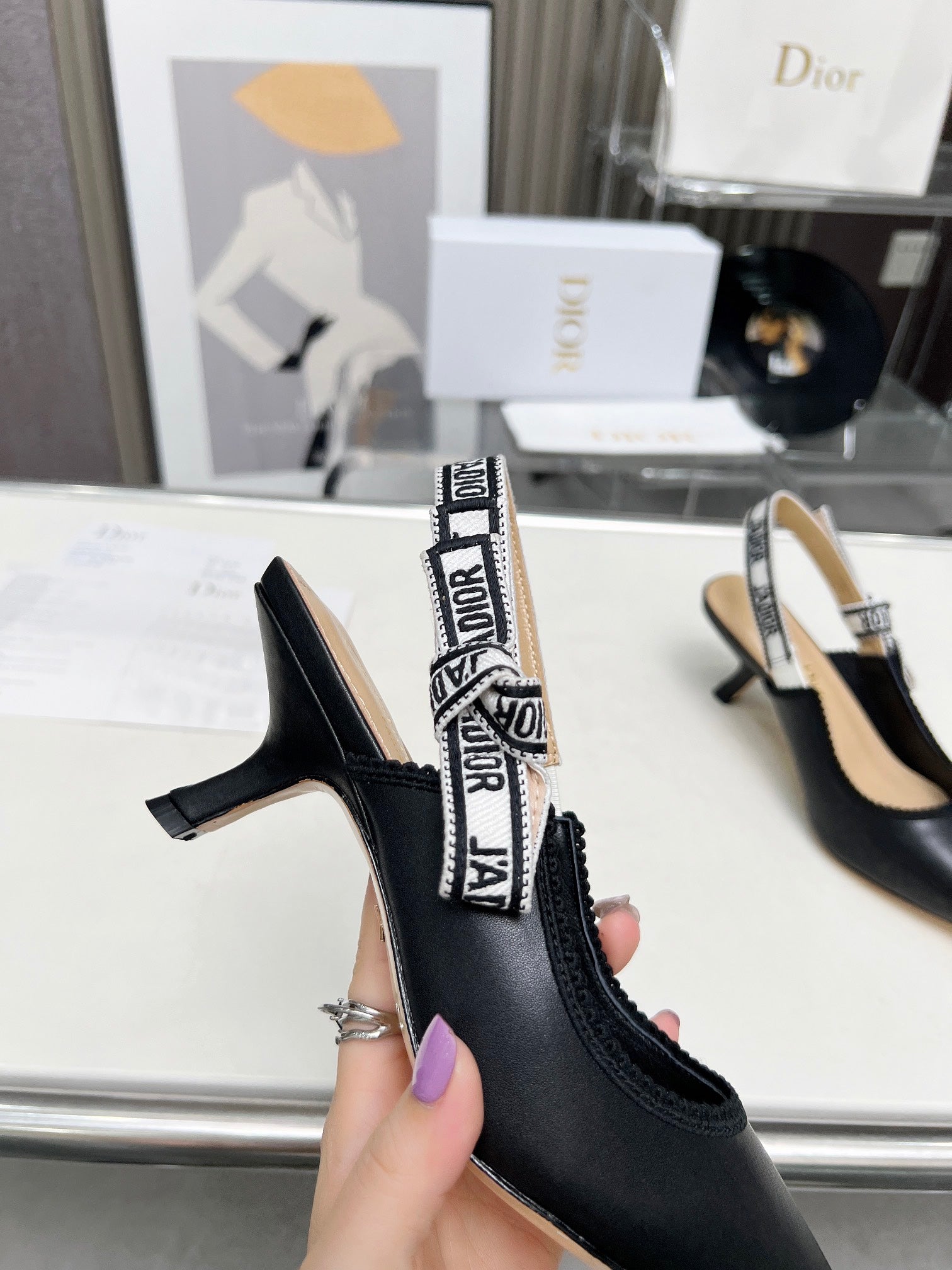 DIOR J'A SLINGBACK PUMP BLACK CALFSKIN AND EMBROIDERED FABRIC 65 MM