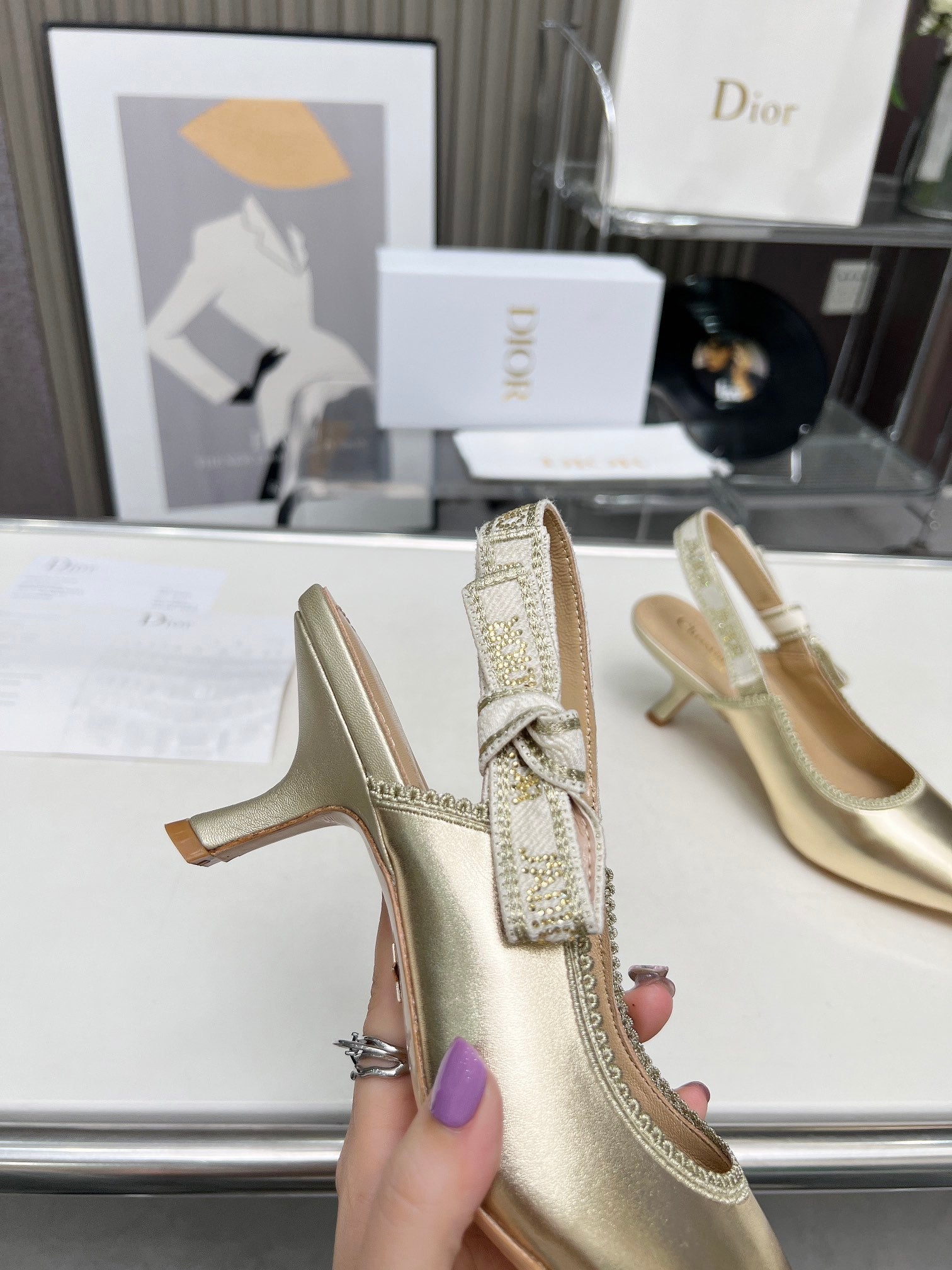 DIOR J'A SLINGBACK PUMP LIGHT GOLD CALFSKIN AND EMBROIDERED FABRIC 65 MM