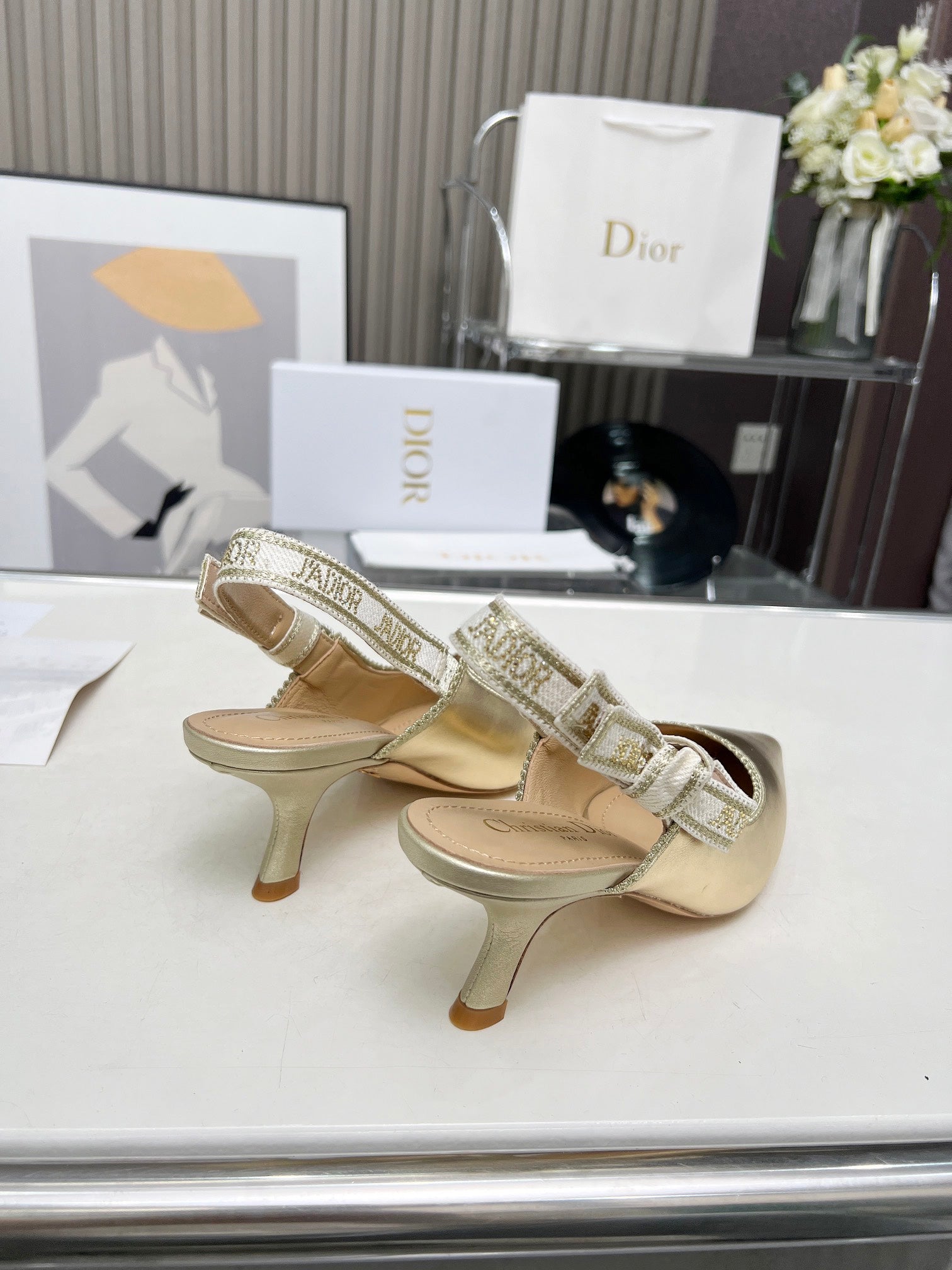 DIOR J'A SLINGBACK PUMP LIGHT GOLD CALFSKIN AND EMBROIDERED FABRIC 65 MM