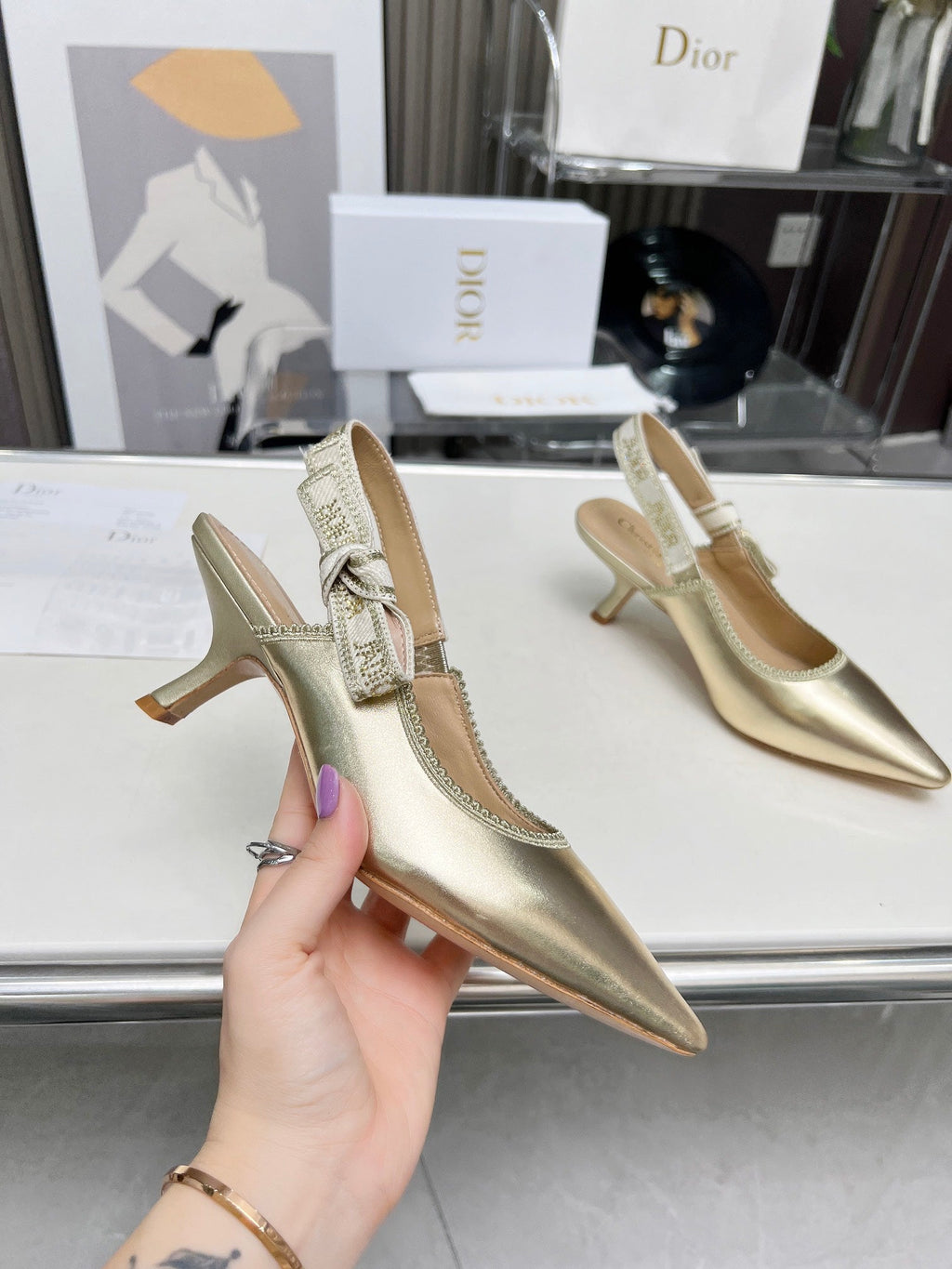 DIOR J'A SLINGBACK PUMP LIGHT GOLD CALFSKIN AND EMBROIDERED FABRIC 65 MM