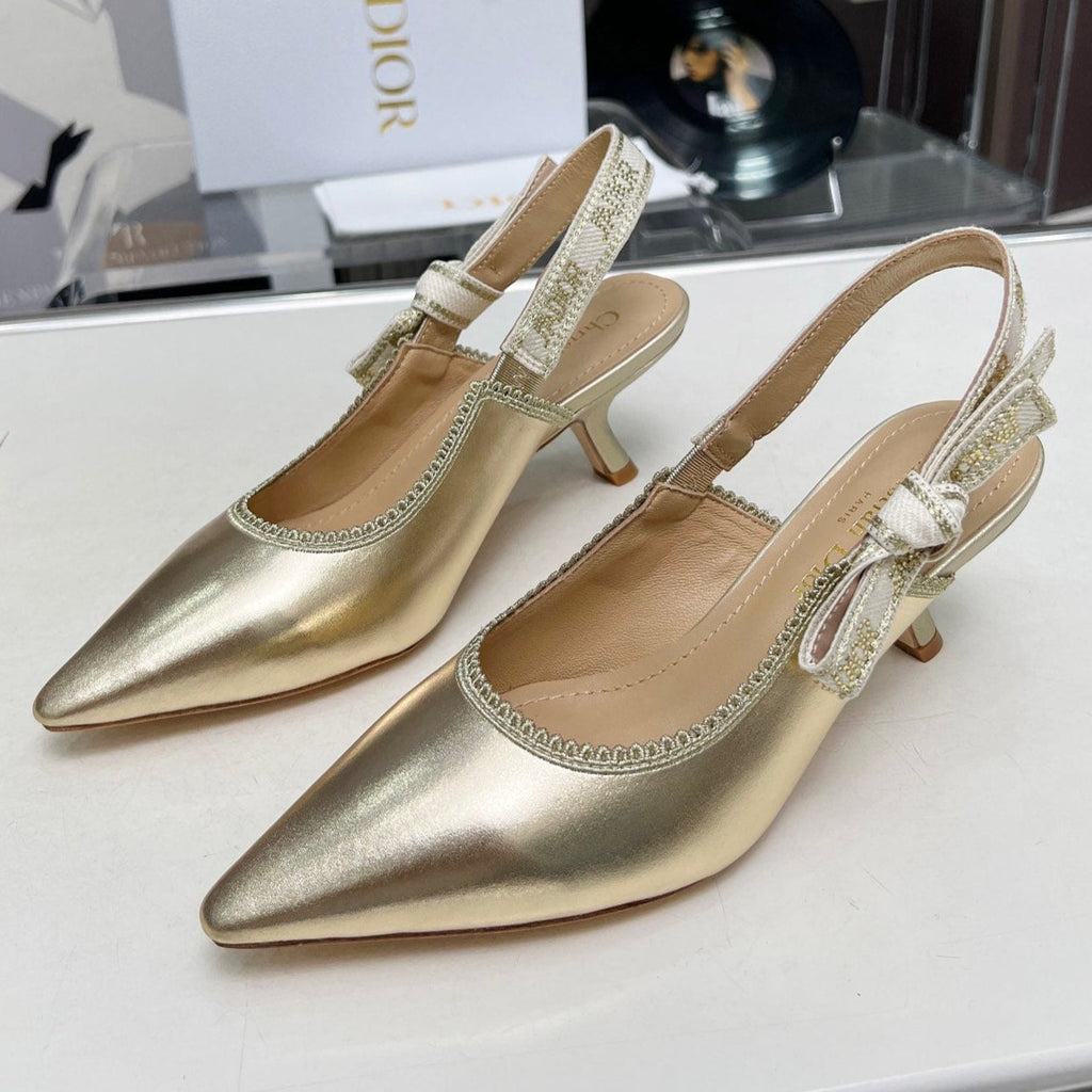 DIOR J'A SLINGBACK PUMP LIGHT GOLD CALFSKIN AND EMBROIDERED FABRIC 65 MM