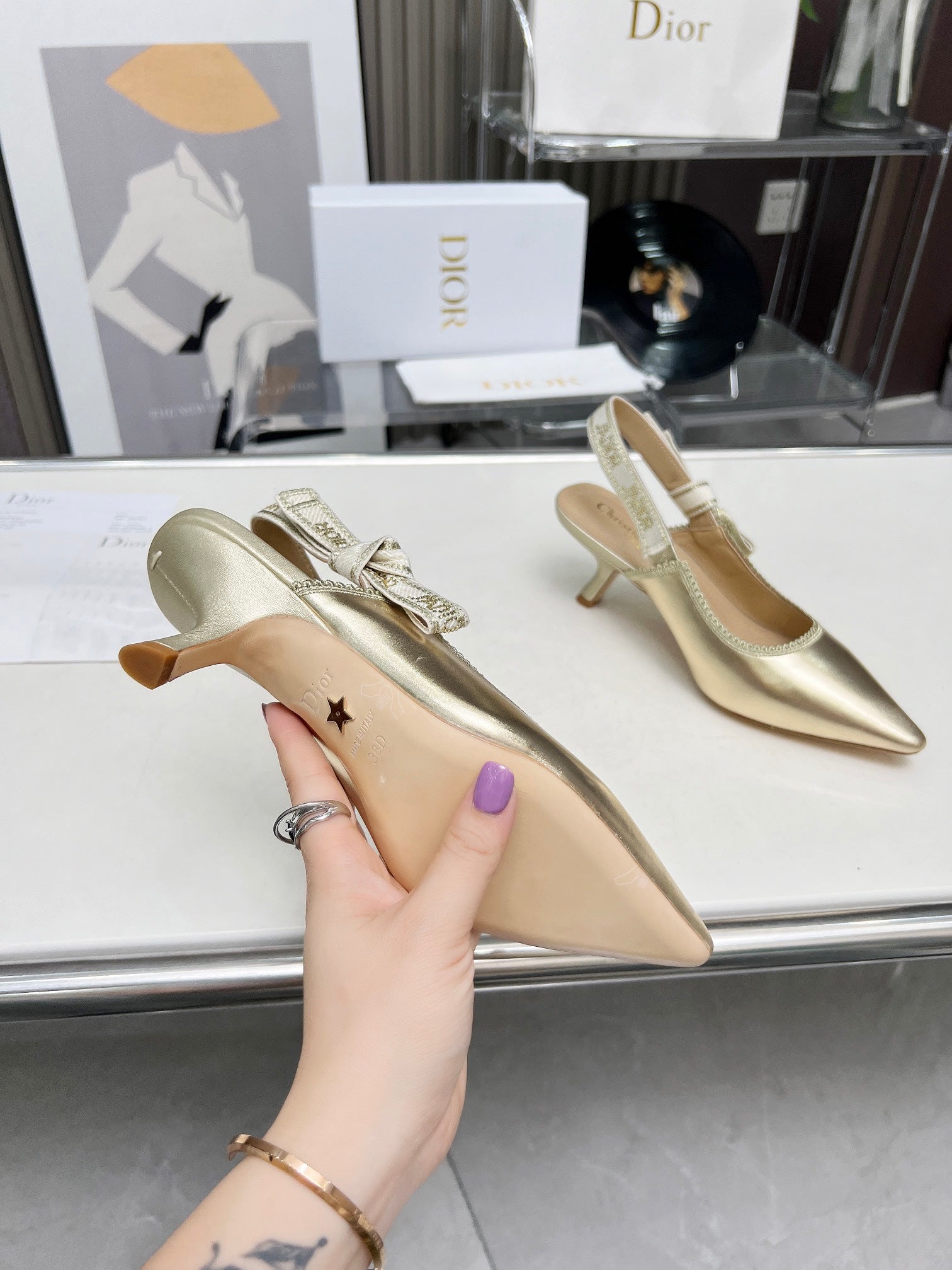 DIOR J'A SLINGBACK PUMP LIGHT GOLD CALFSKIN AND EMBROIDERED FABRIC 65 MM