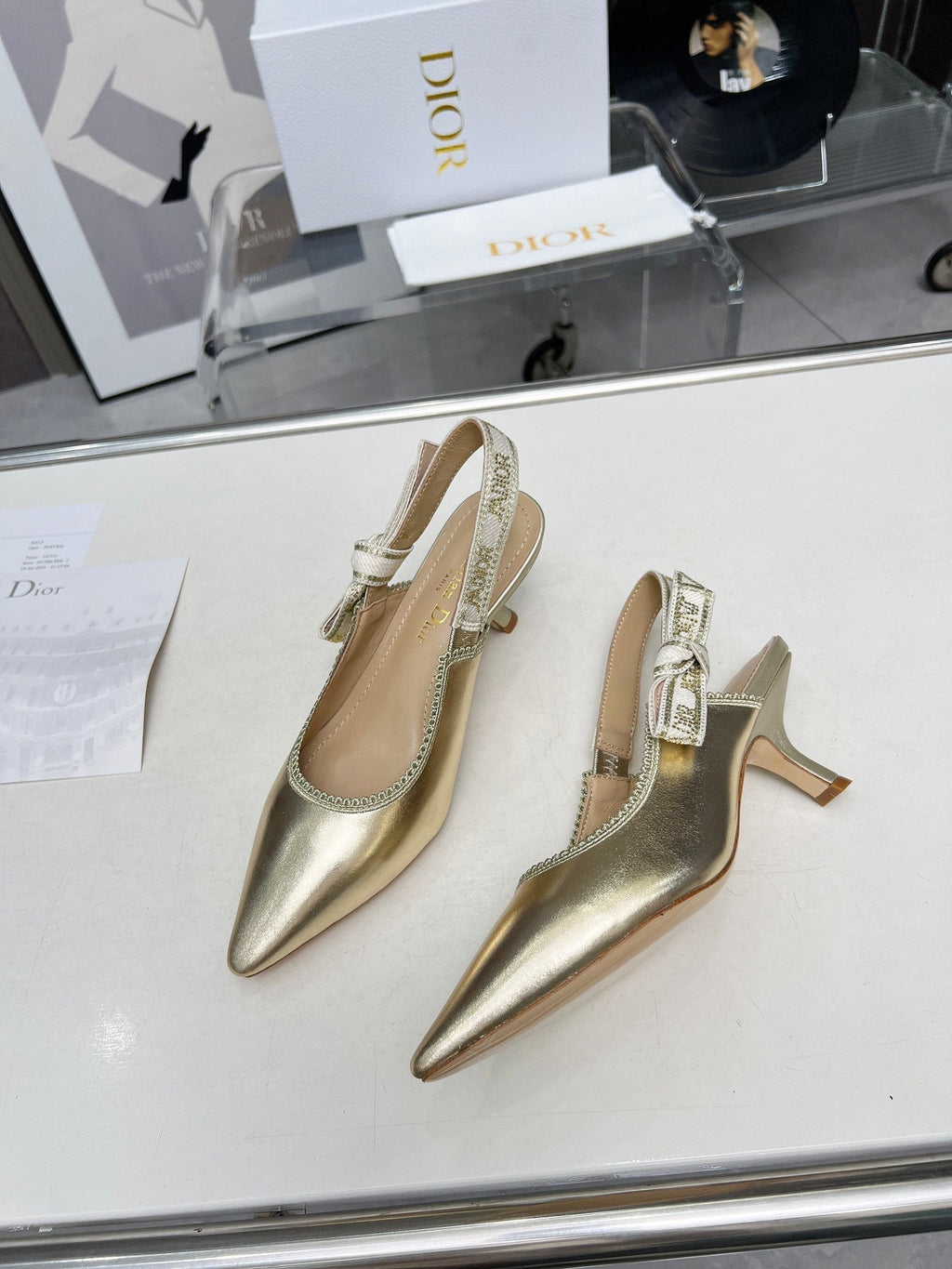 DIOR J'A SLINGBACK PUMP LIGHT GOLD CALFSKIN AND EMBROIDERED FABRIC 65 MM