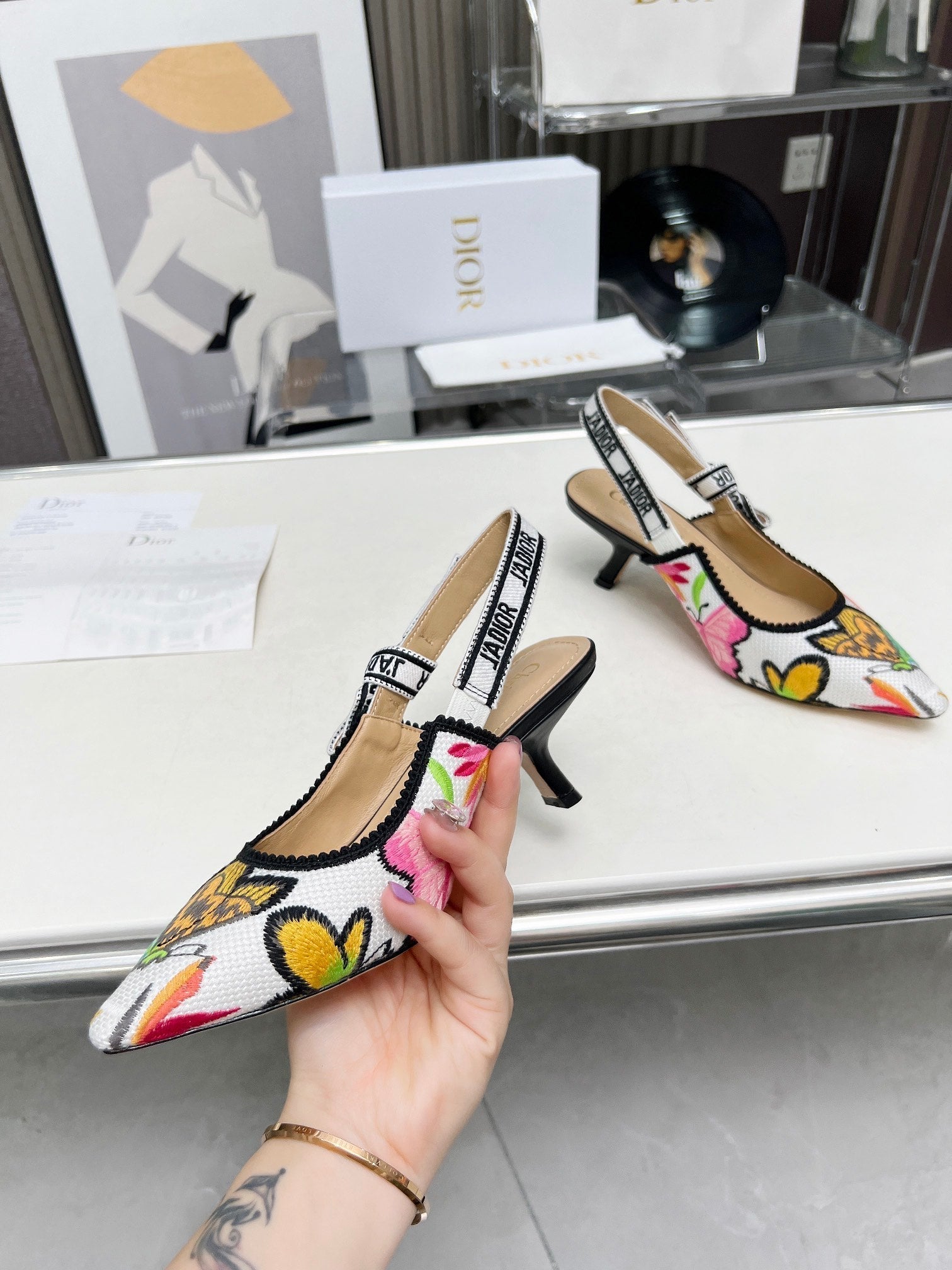 DIOR J'A SLINGBACK PUMP COLORFUL NATURAL RAFFIA AND EMBROIDERED COTTON 65 MM 130844