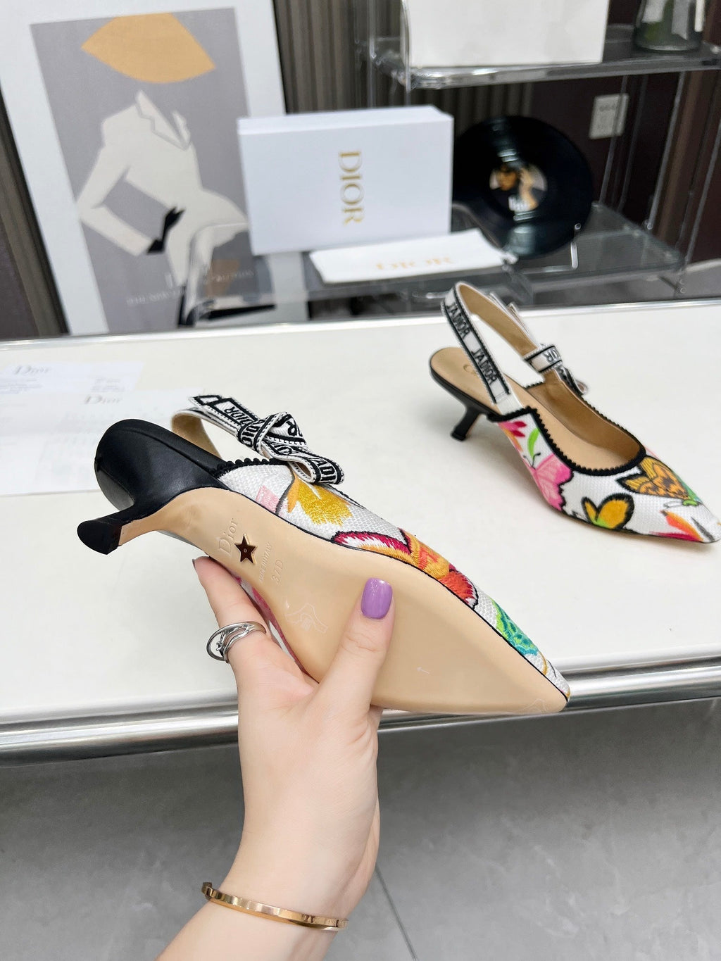 DIOR J'A SLINGBACK PUMP COLORFUL NATURAL RAFFIA AND EMBROIDERED COTTON 65 MM 130844