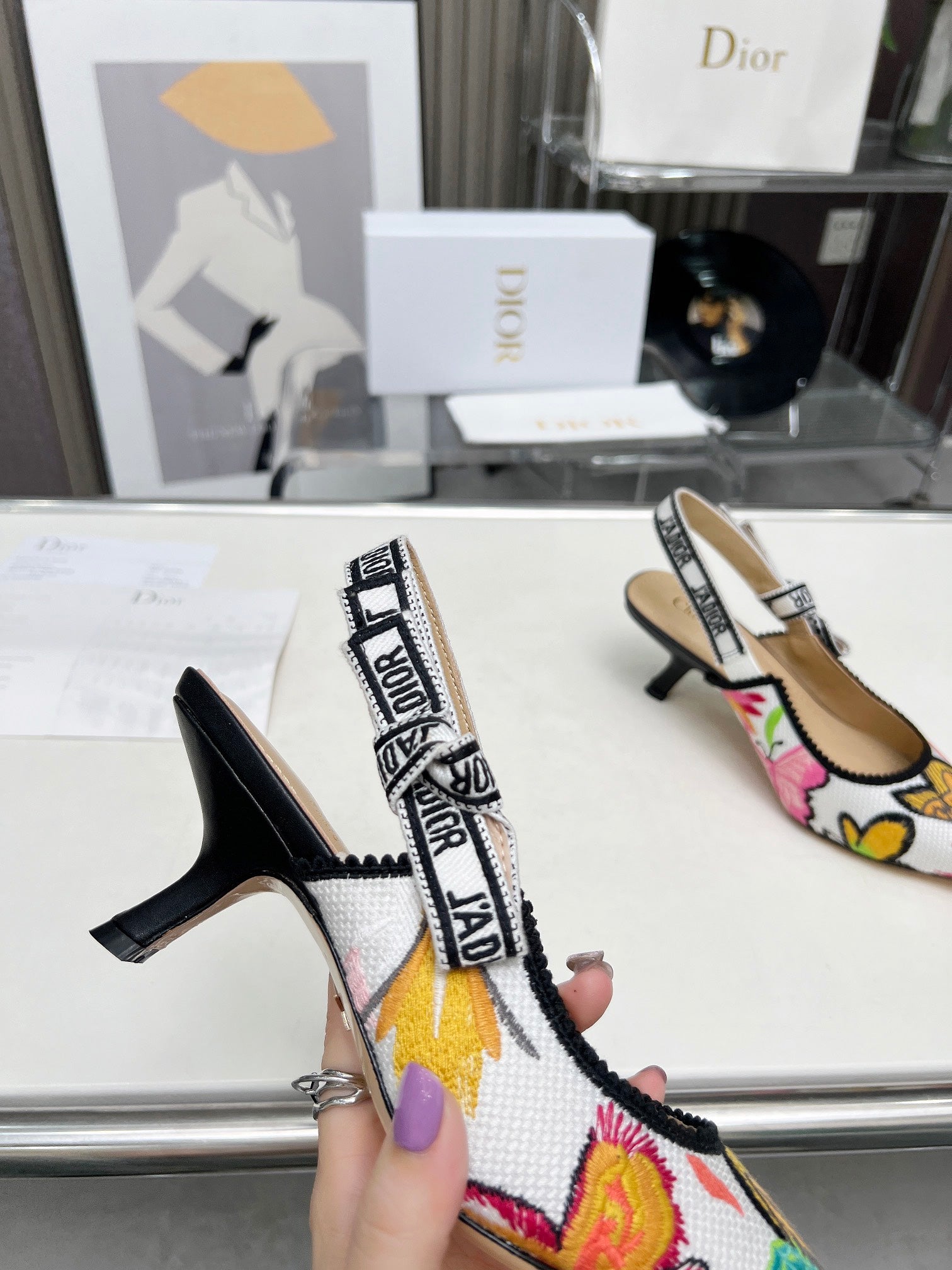 DIOR J'A SLINGBACK PUMP COLORFUL NATURAL RAFFIA AND EMBROIDERED COTTON 65 MM 130844